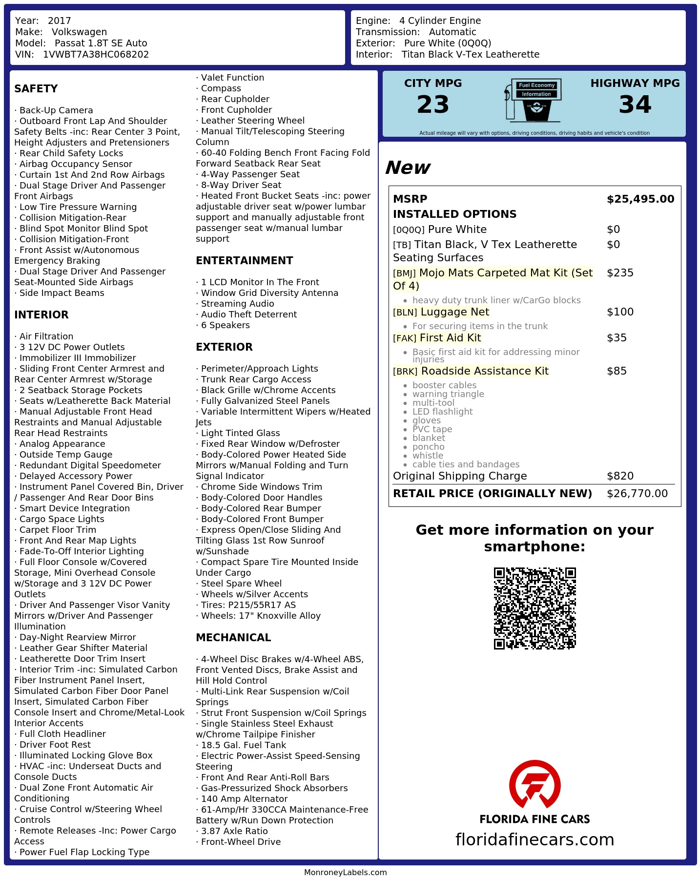 Original window sticker for 2017 VOLKSWAGEN PASSAT 1.8T SE