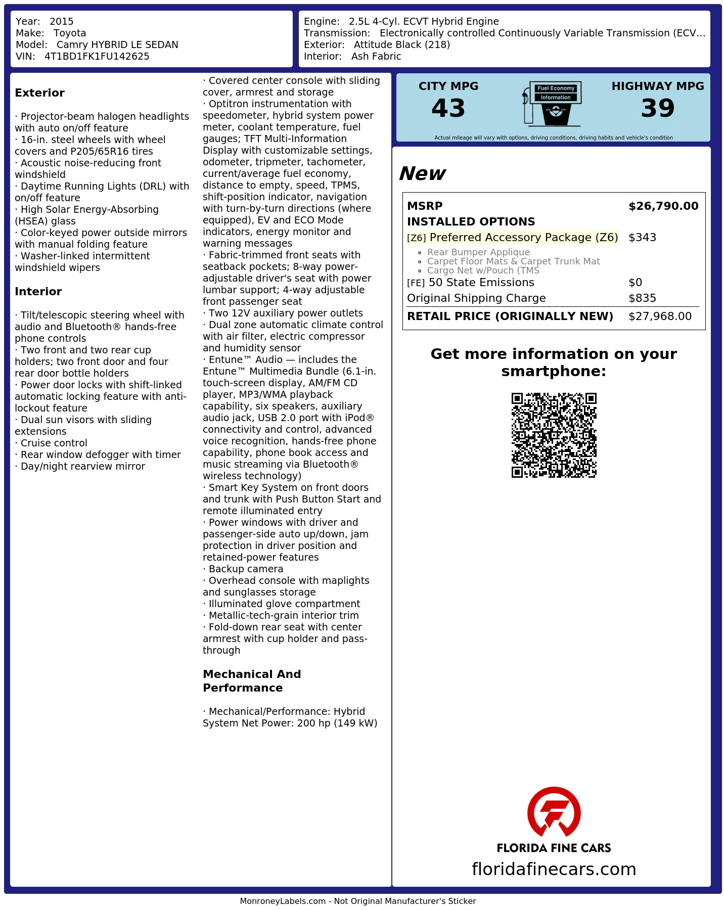 Original window sticker for 2015 TOYOTA CAMRY HYBRID LE