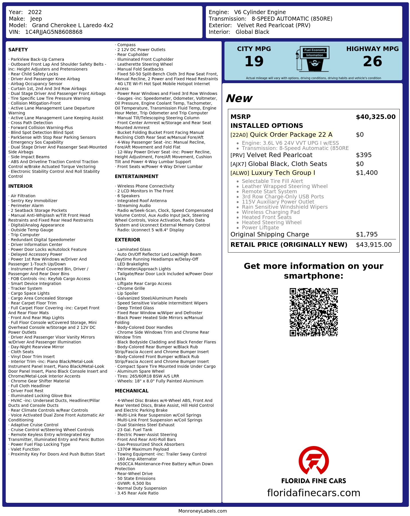 Original window sticker for 2022 JEEP GRAND CHEROKEE L LAREDO