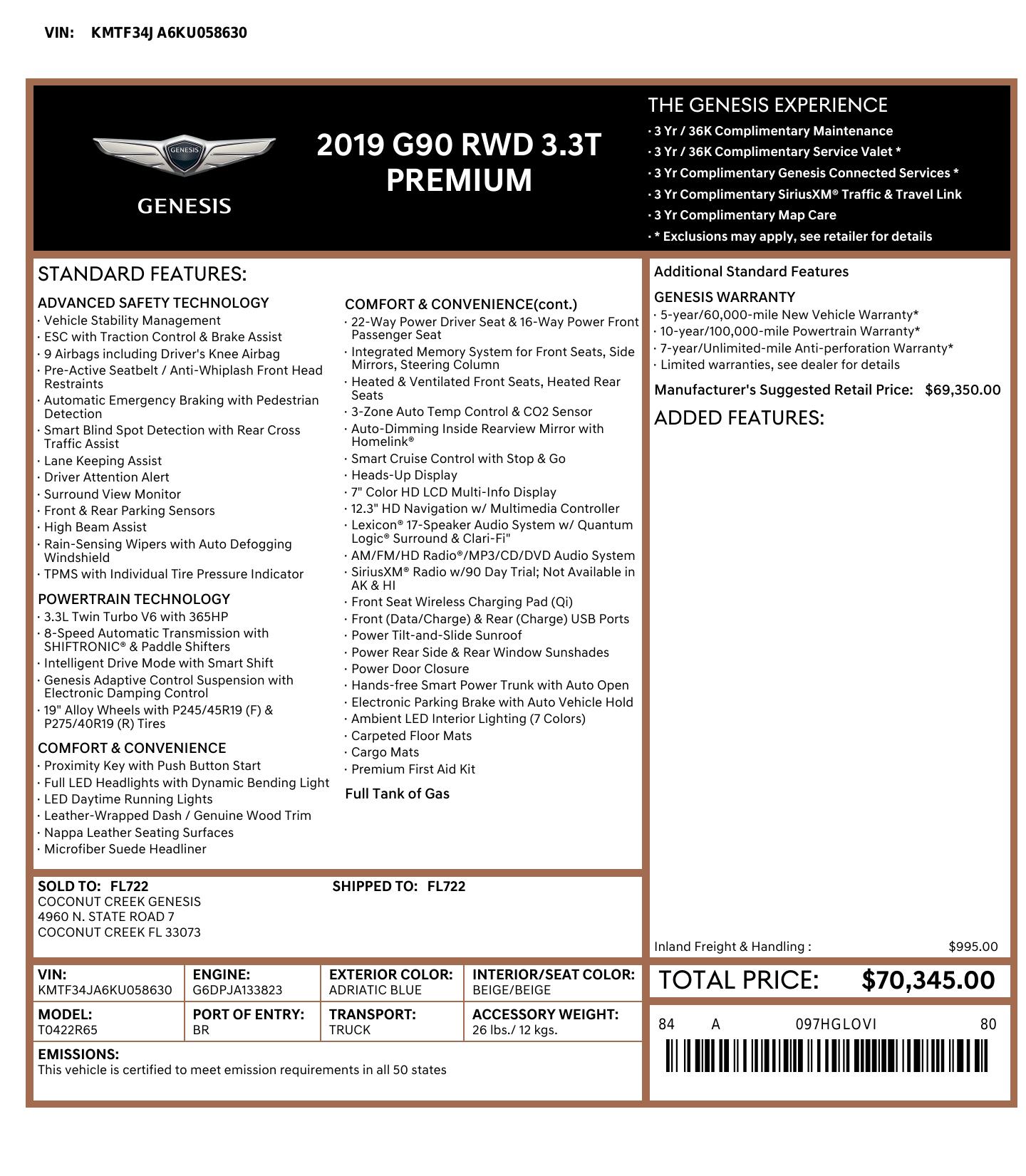 Original window sticker for 2019 GENESIS G90 3.3T PREMIUM