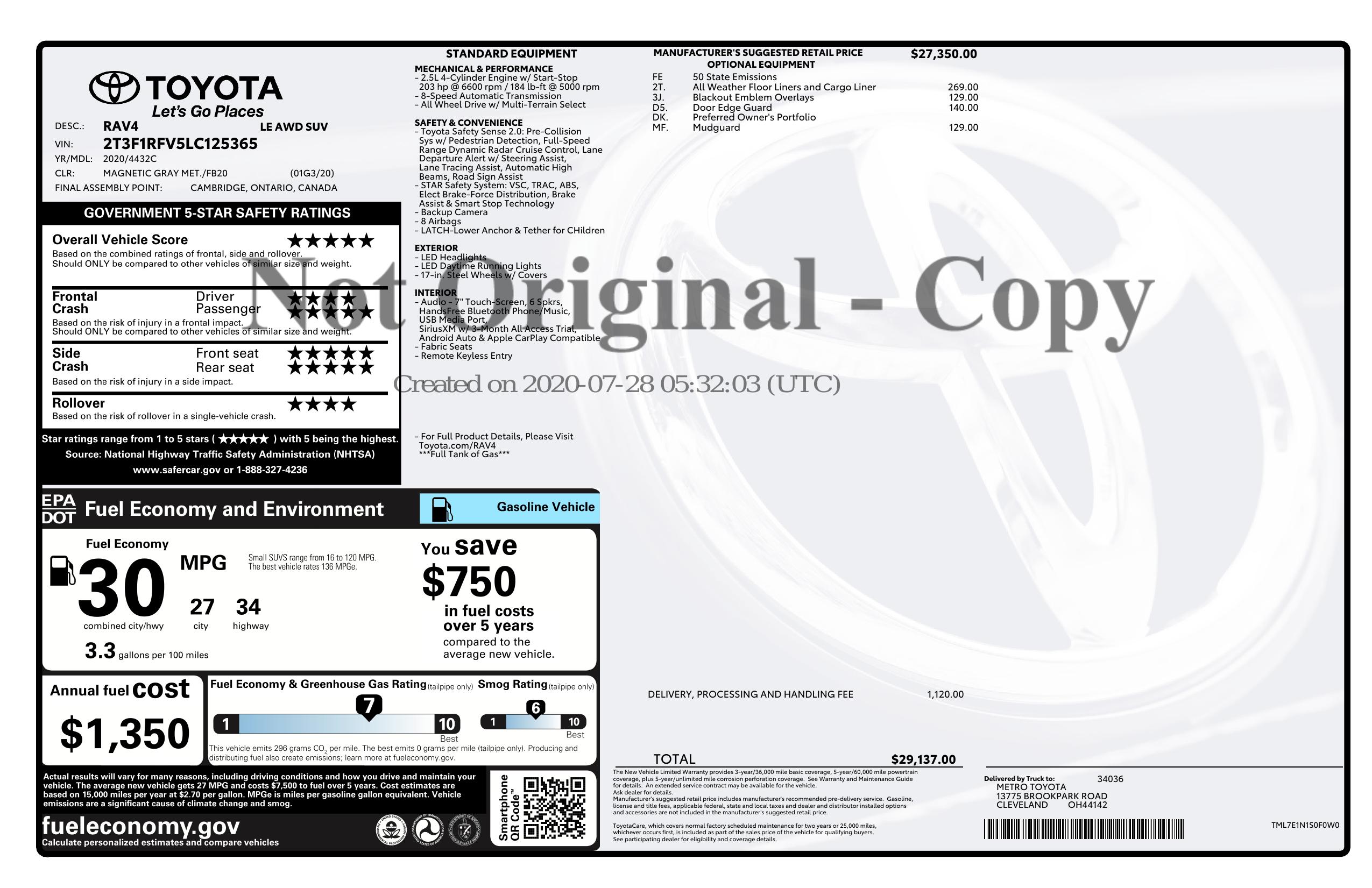 Original window sticker for 2020 TOYOTA RAV4 LE
