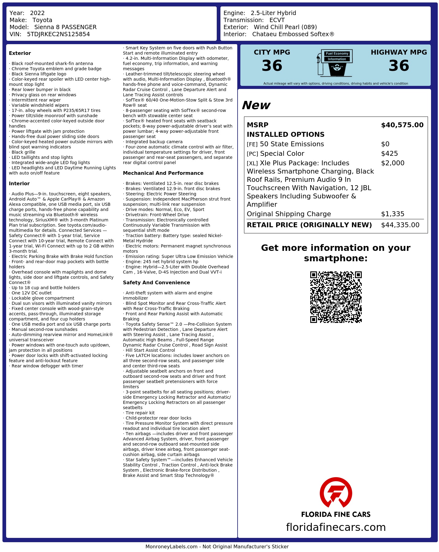 Original window sticker for 2022 TOYOTA SIENNA XLE