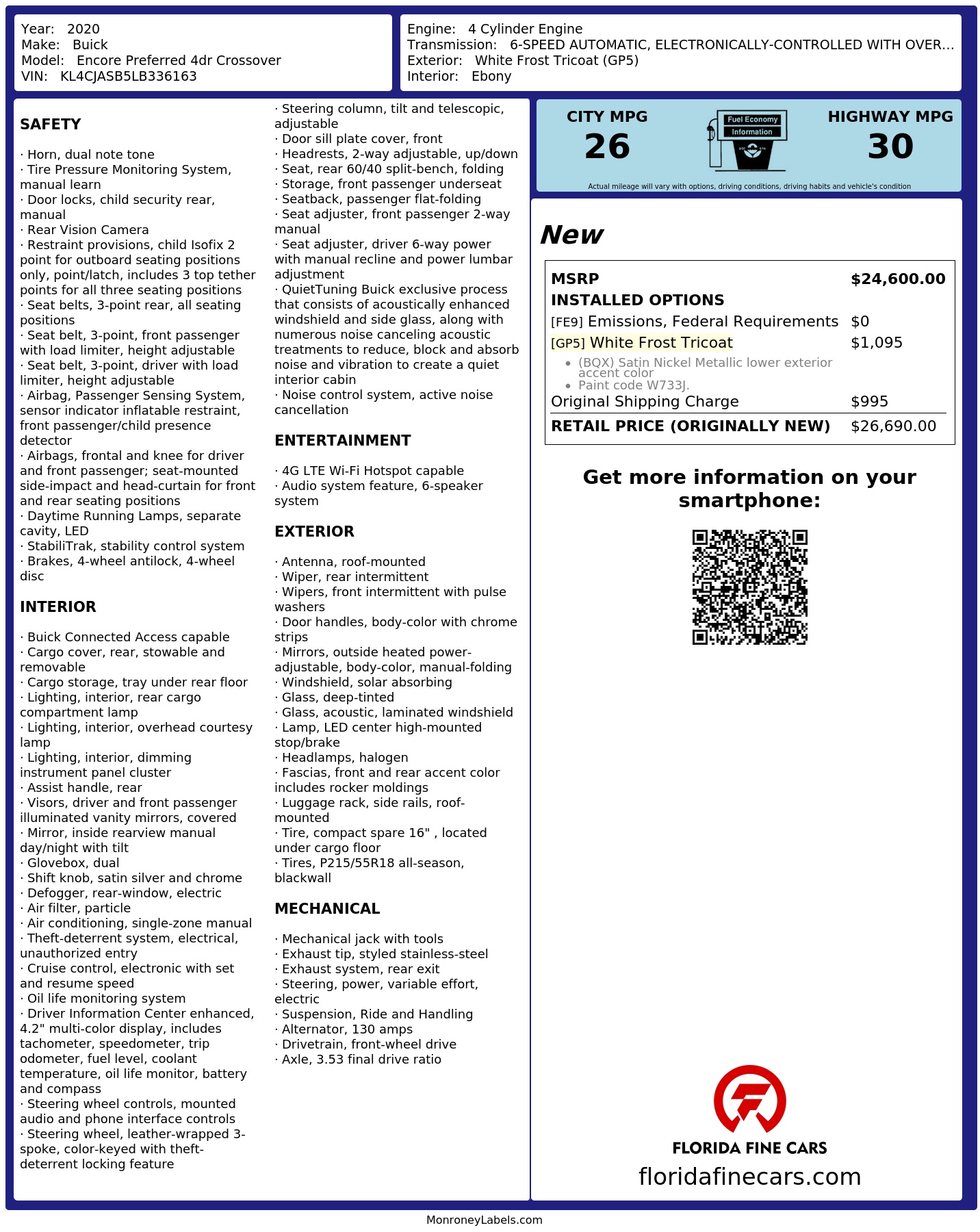 Original window sticker for 2020 BUICK ENCORE PREFERRED
