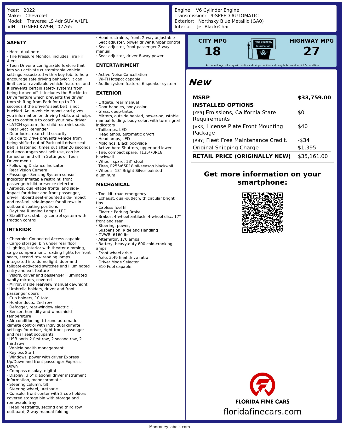 Original window sticker for 2022 CHEVROLET TRAVERSE LS