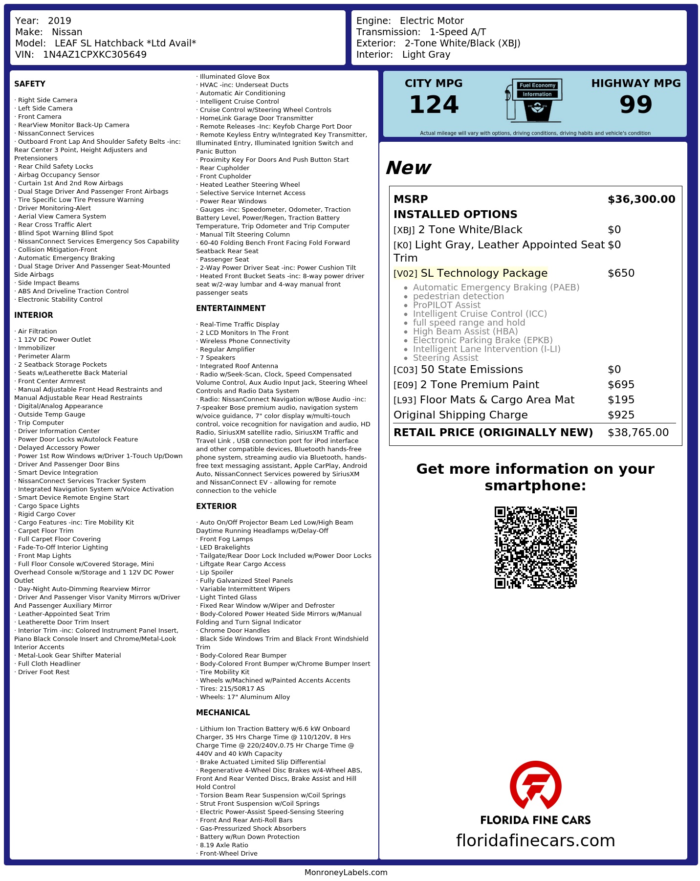 Original window sticker for 2019 NISSAN LEAF SL