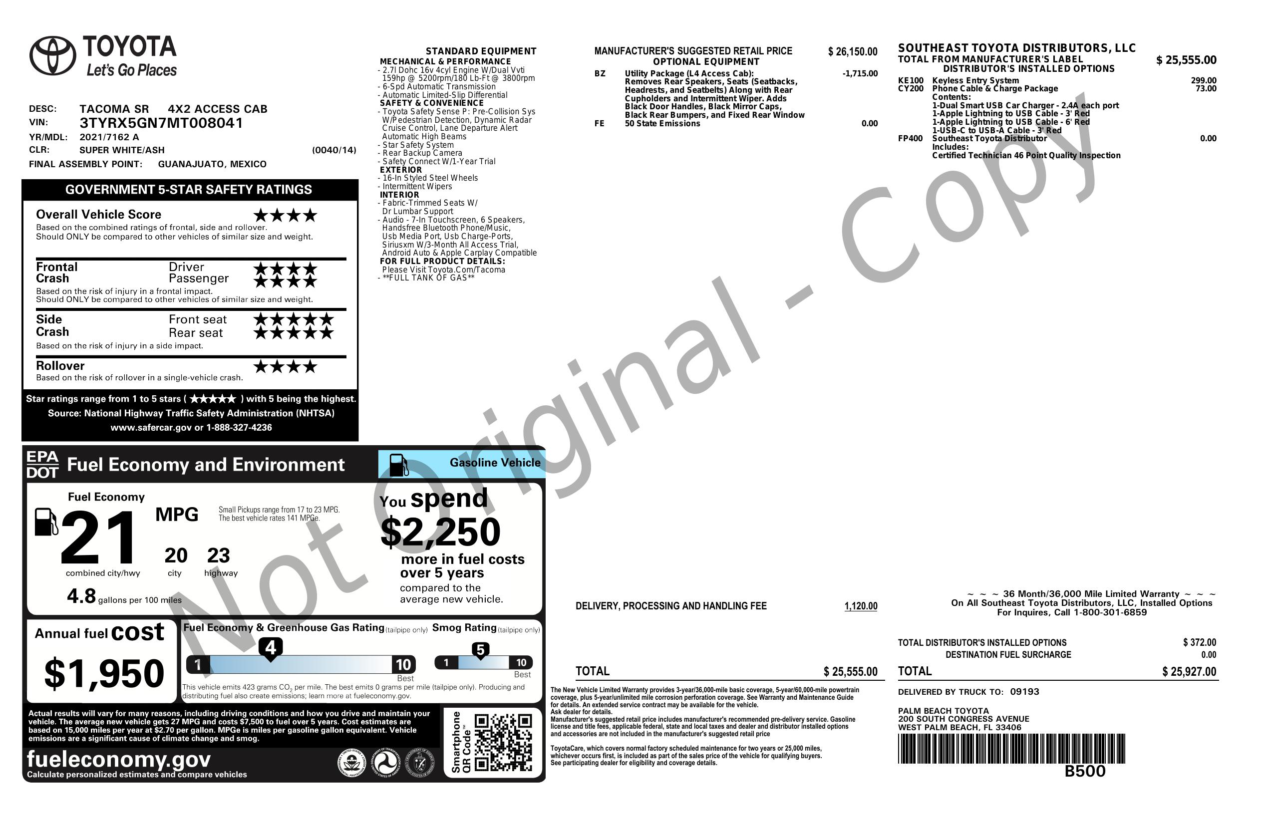 Original window sticker for 2021 TOYOTA TACOMA 2WD SR