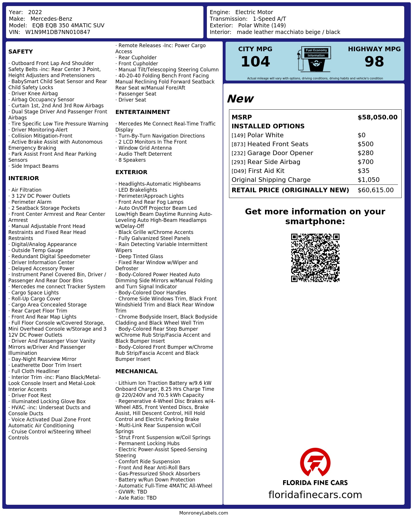 Original window sticker for 2022 MERCEDES-BENZ EQB EQB 350