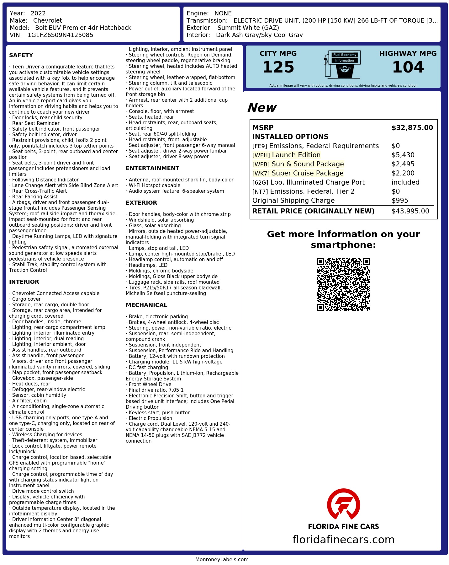 Original window sticker for 2022 CHEVROLET BOLT EUV PREMIER