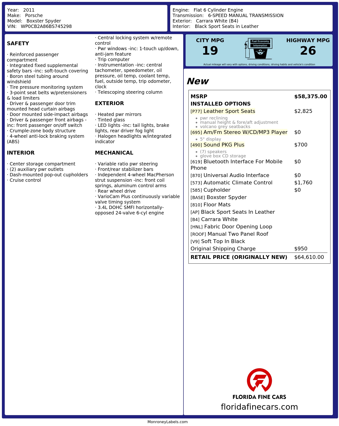 Original window sticker for 2011 PORSCHE BOXSTER SPYDER