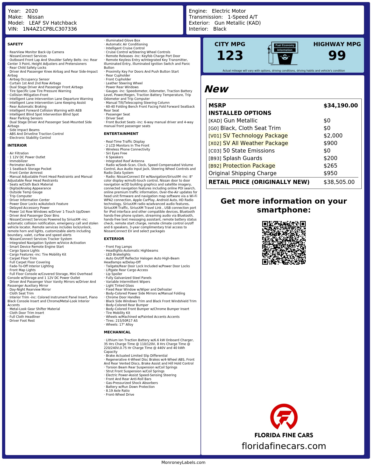 Original window sticker for 2020 NISSAN LEAF SV