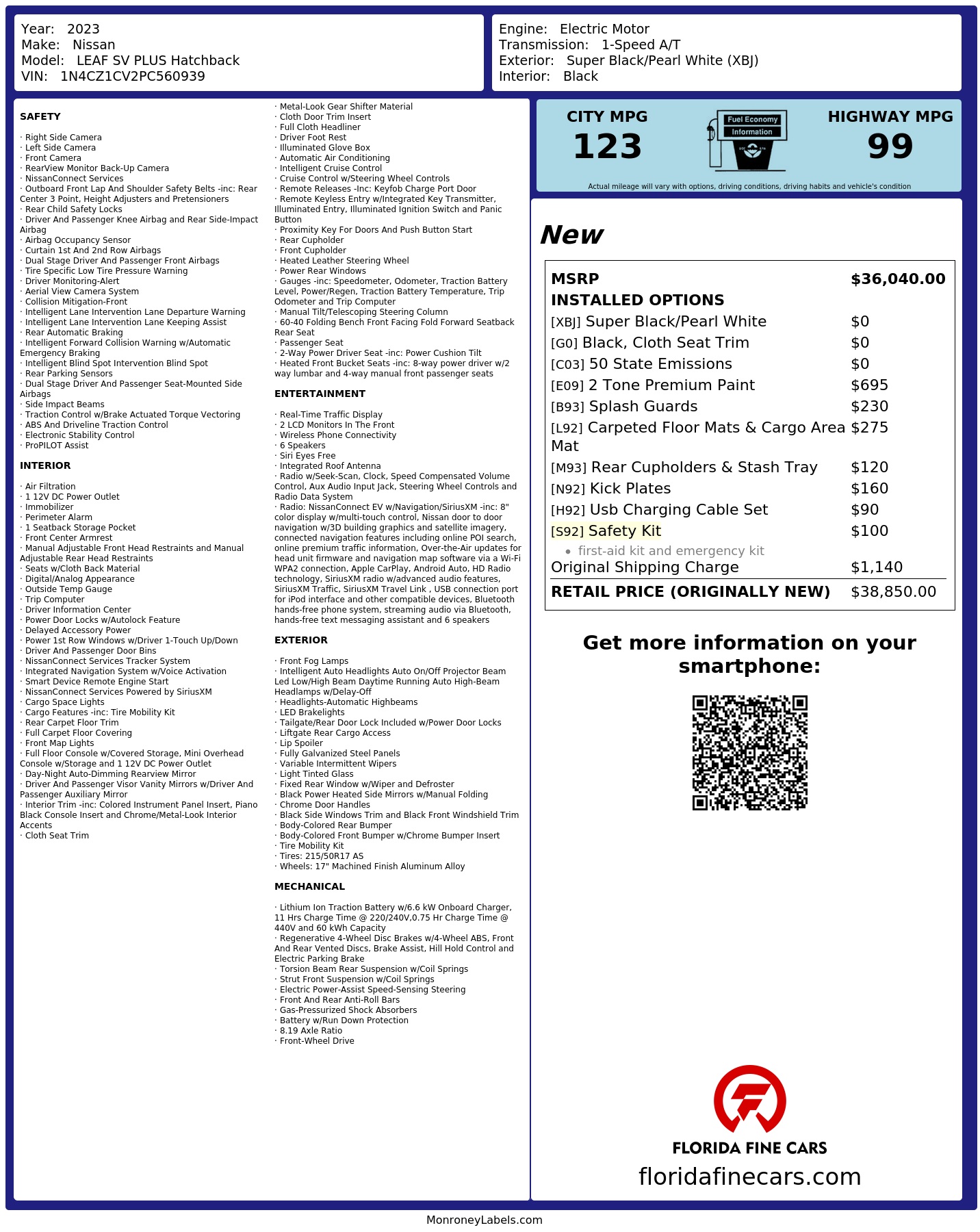 Original window sticker for 2023 NISSAN LEAF SV PLUS
