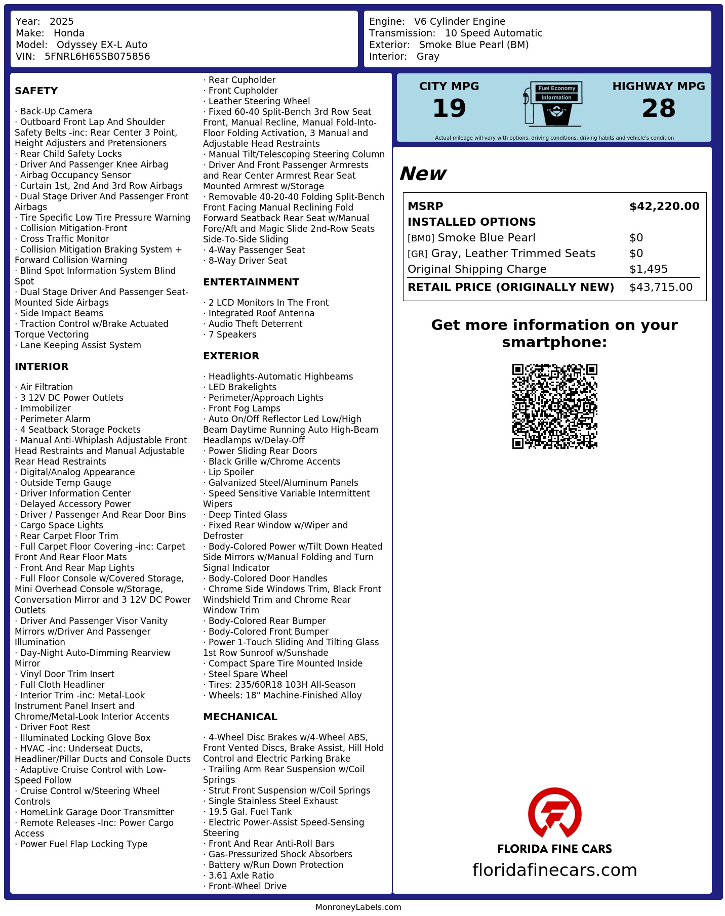 Original window sticker for 2025 HONDA ODYSSEY EX-L