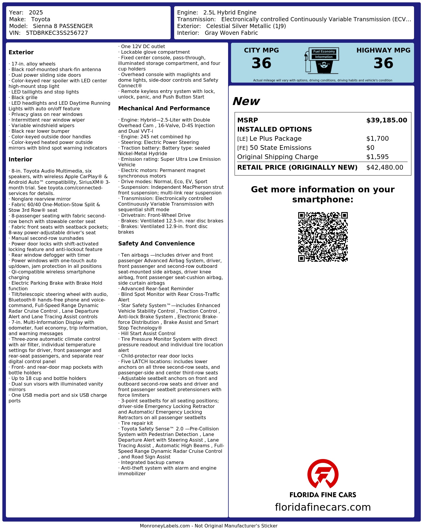Original window sticker for 2025 TOYOTA SIENNA LE