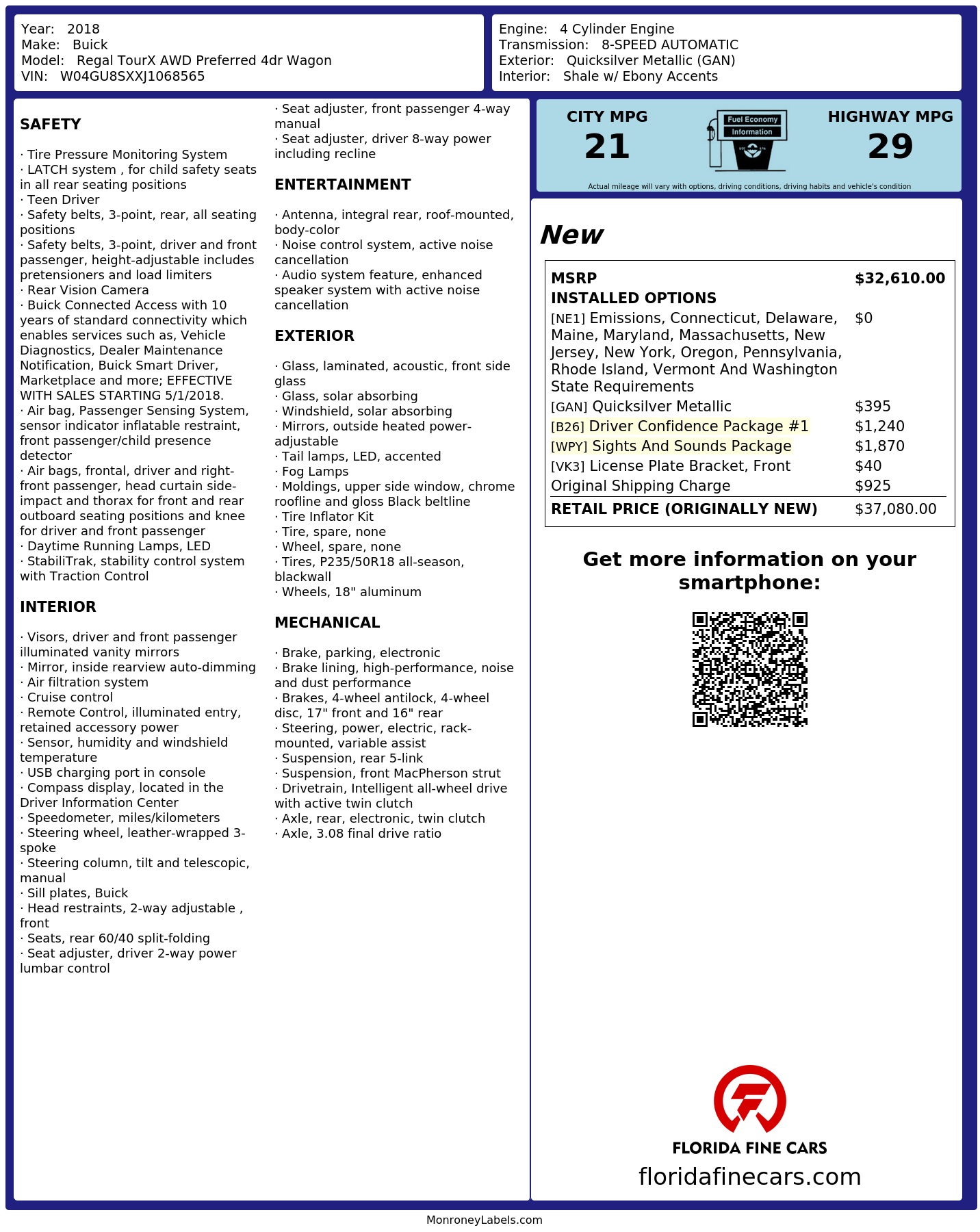 Original window sticker for 2018 BUICK REGAL TOURX PREFERRED