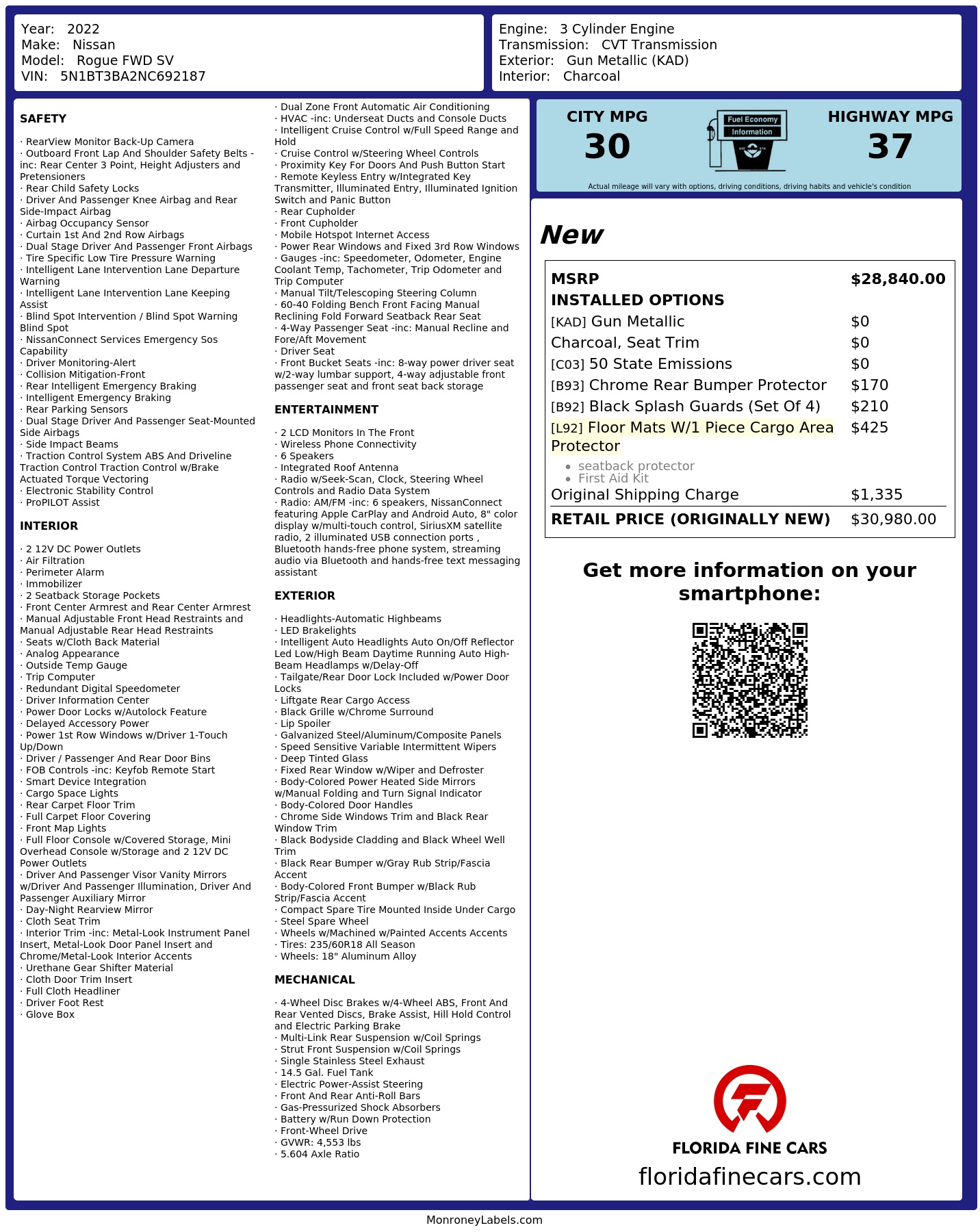 Original window sticker for 2022 NISSAN ROGUE SV