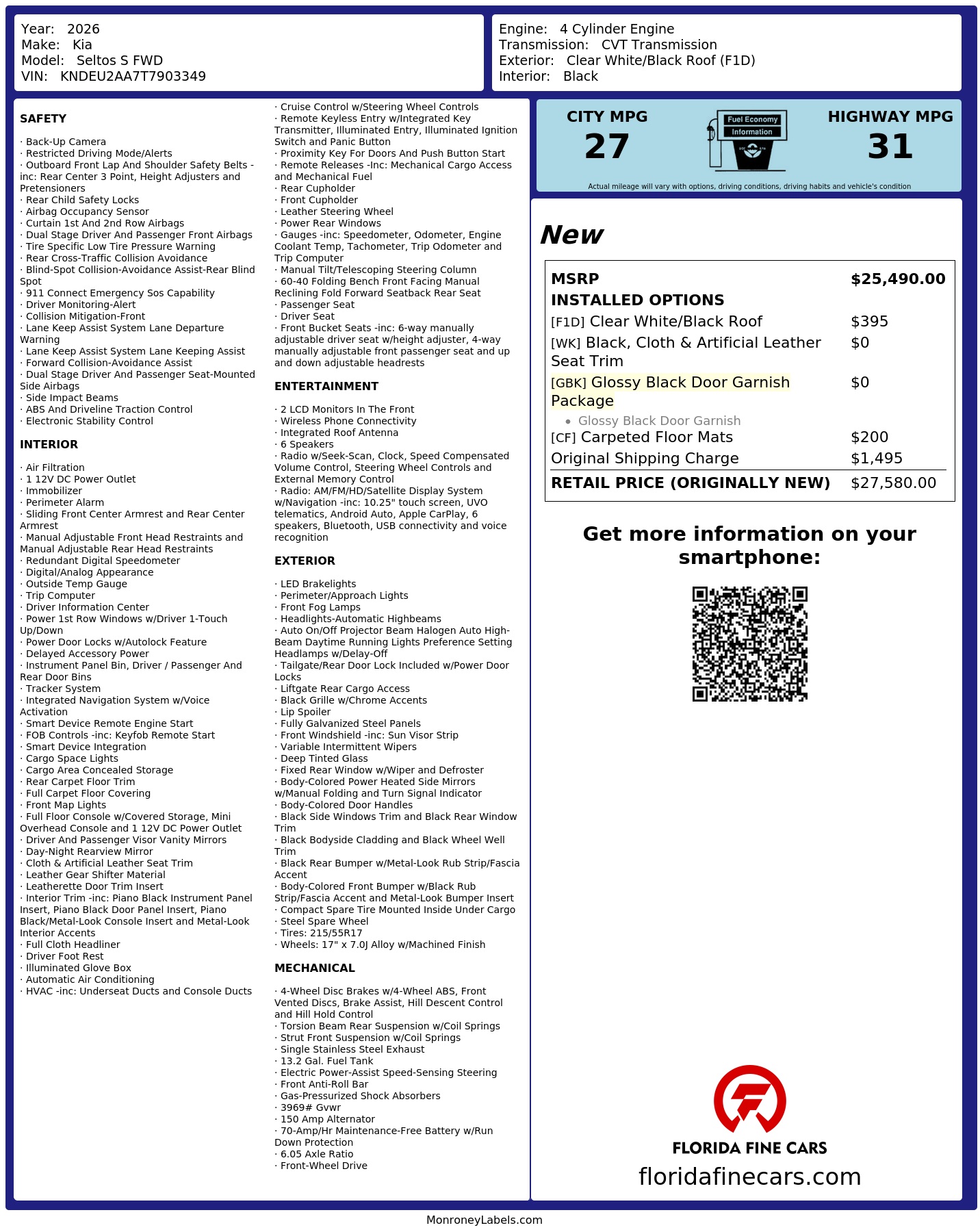 Original window sticker for 2026 KIA SELTOS S