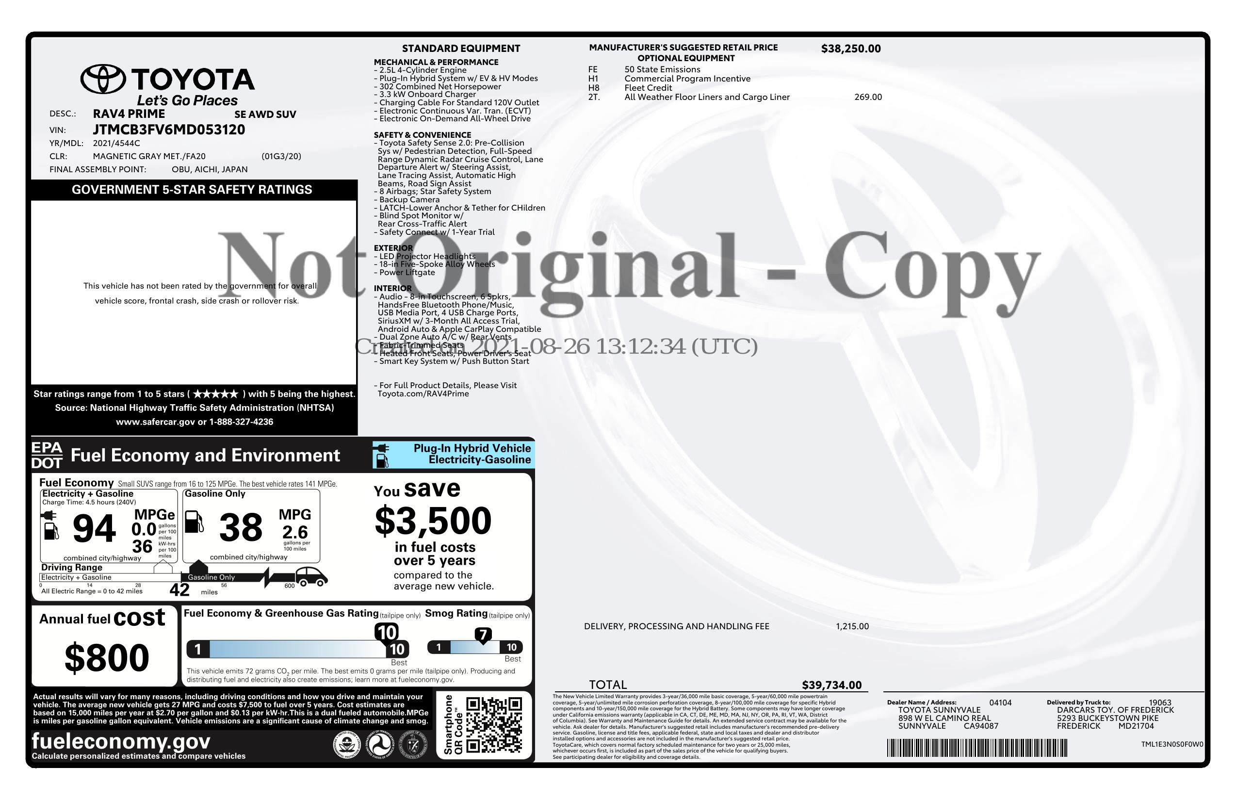 Original window sticker for 2021 TOYOTA RAV4 PRIME SE