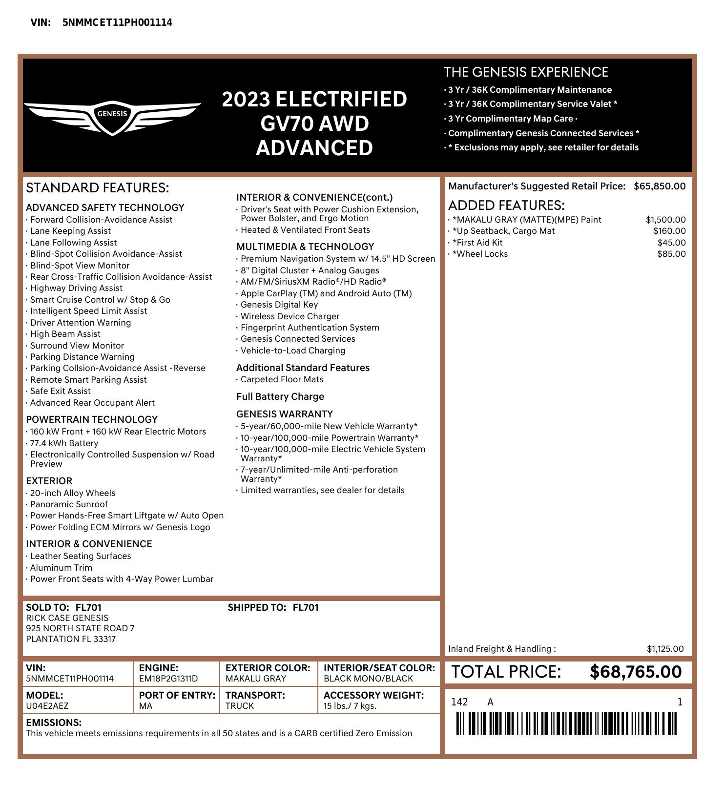 Original window sticker for 2023 GENESIS ELECTRIFIED GV70 ADVANCED