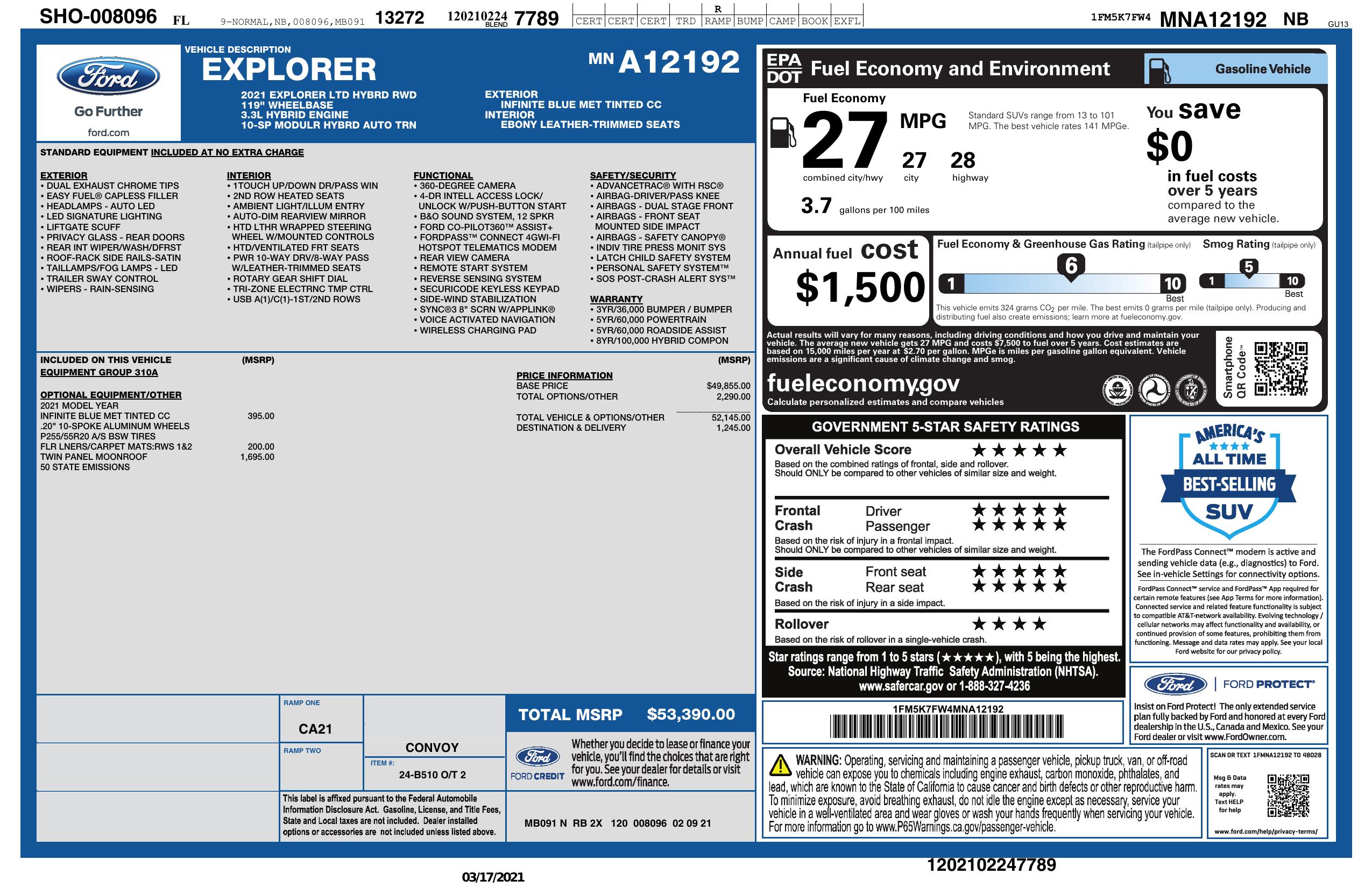 Original window sticker for 2021 FORD EXPLORER HYBRID LIMITED
