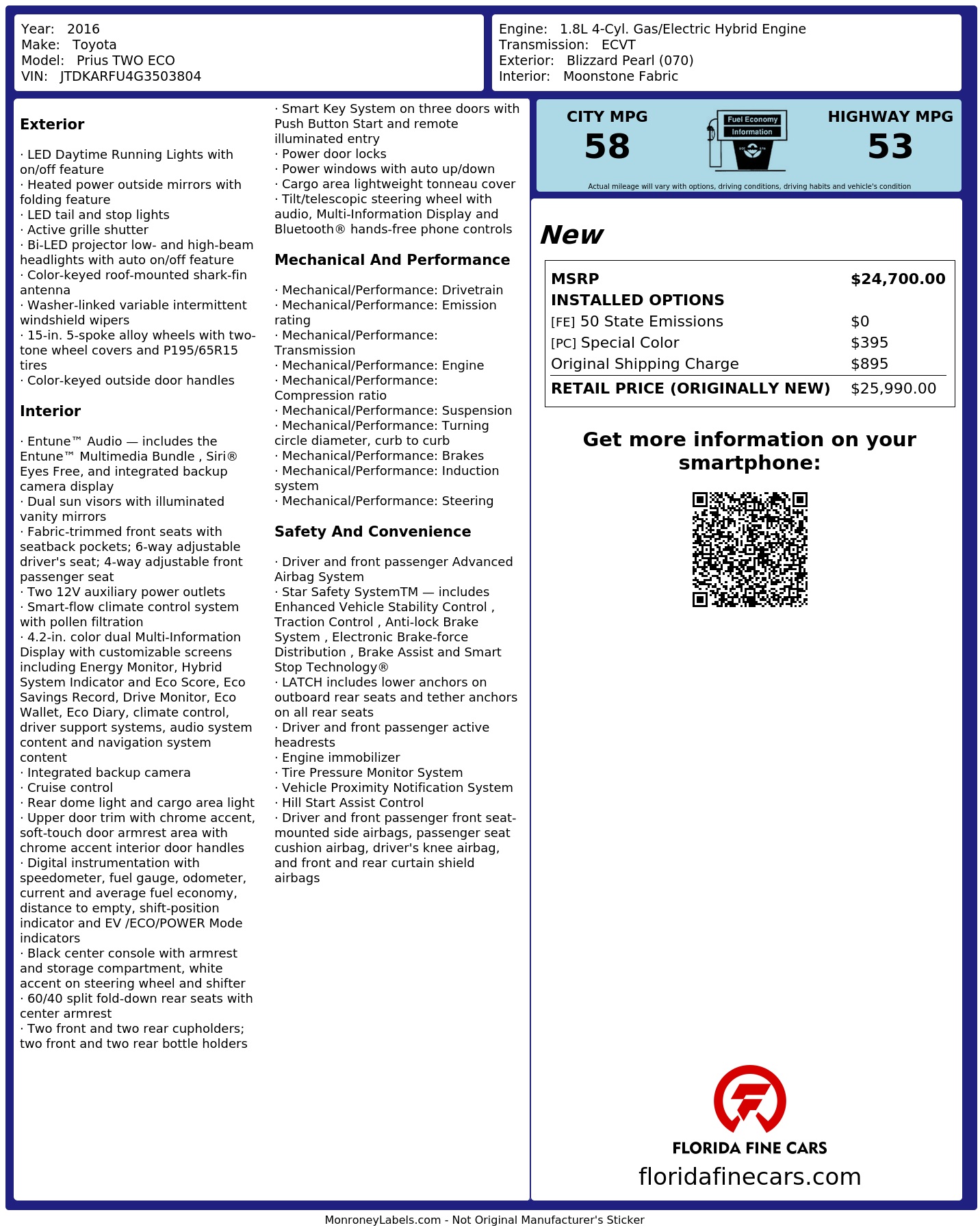 Original window sticker for 2016 TOYOTA PRIUS FOUR