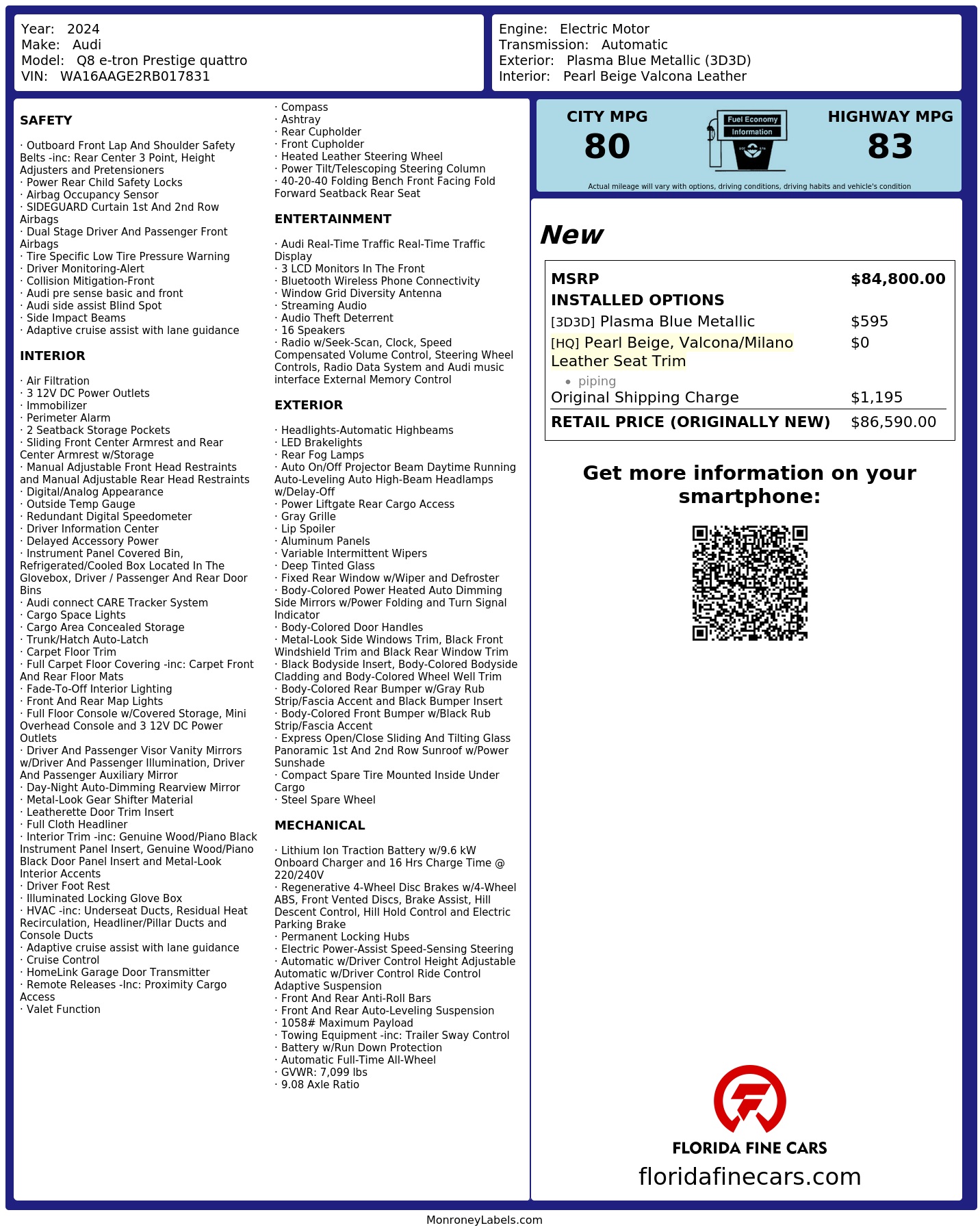 Original window sticker for 2024 AUDI Q8 E-TRON PRESTIGE