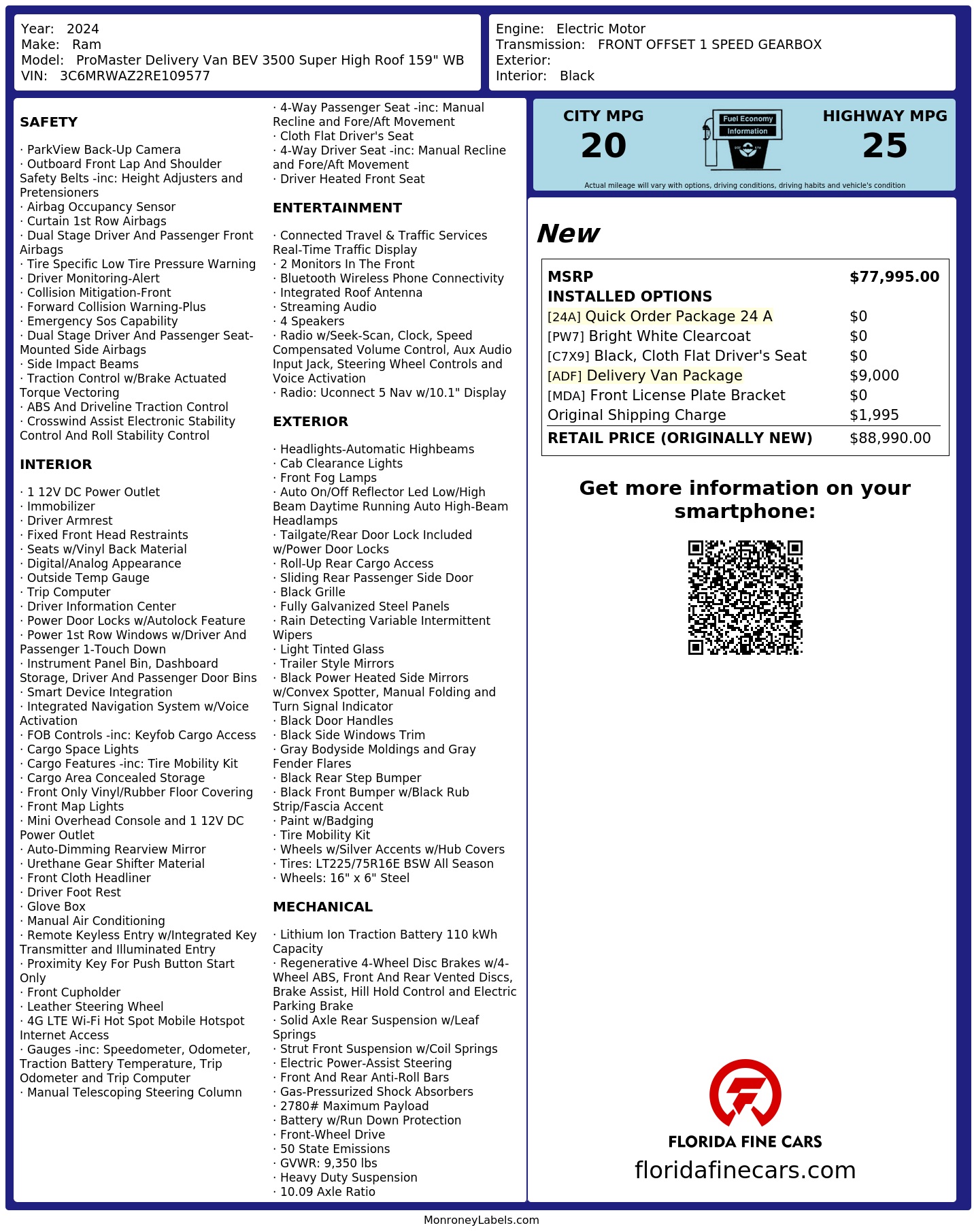 Original window sticker for 2024 RAM PROMASTER DELIVERY VAN BEV 3500