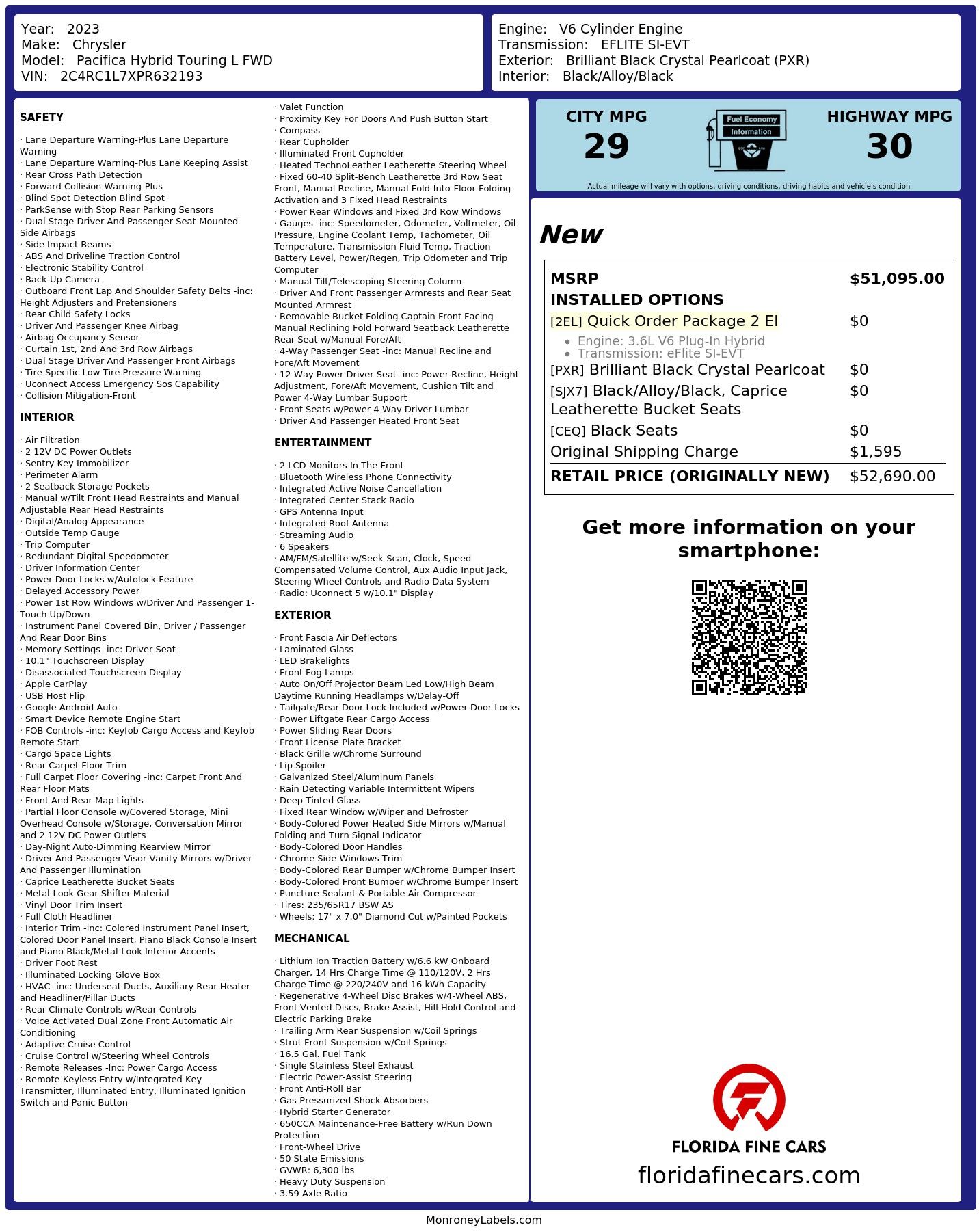 Original window sticker for 2023 CHRYSLER PACIFICA HYBRID TOURING L
