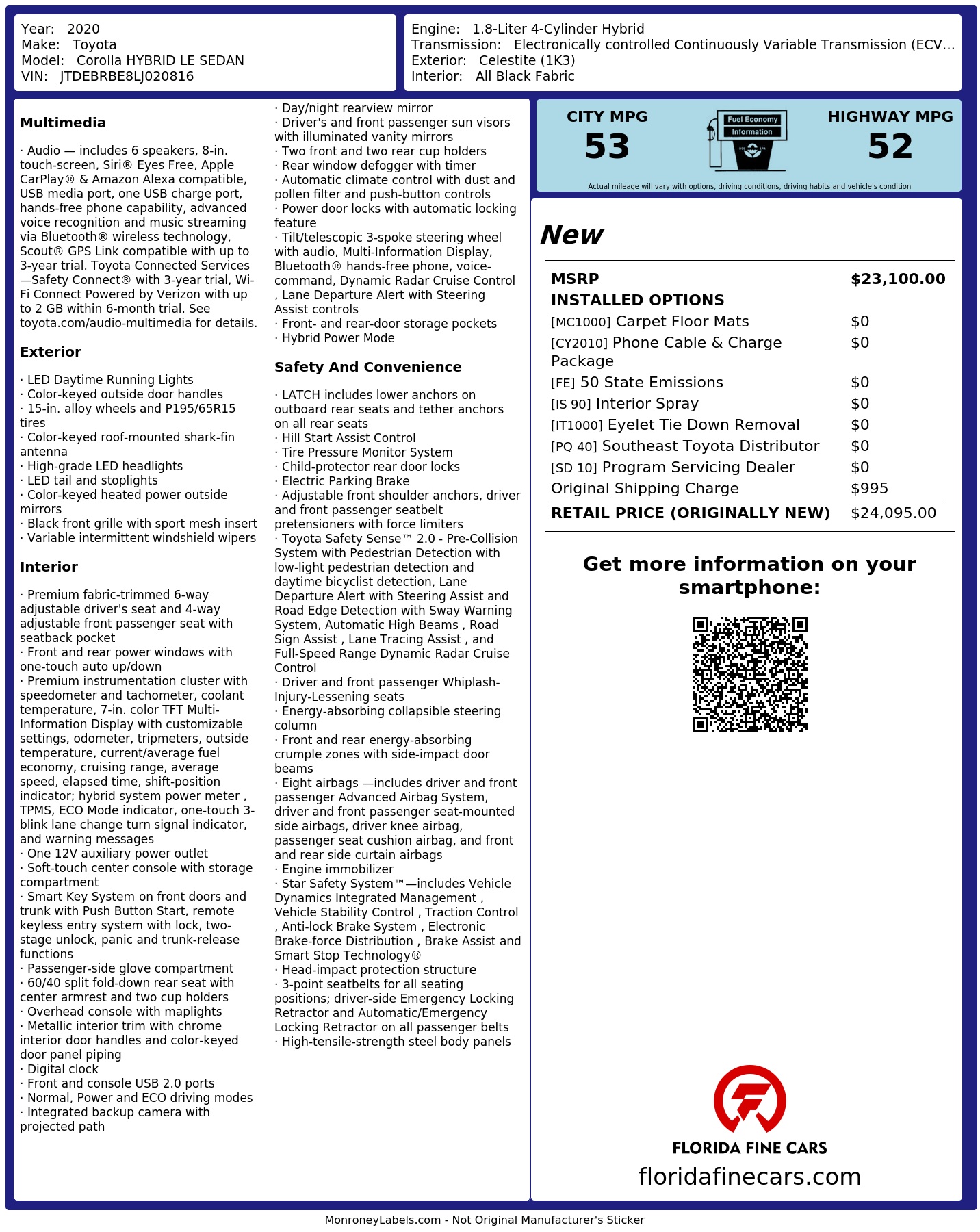 Original window sticker for 2020 TOYOTA COROLLA HYBRID LE