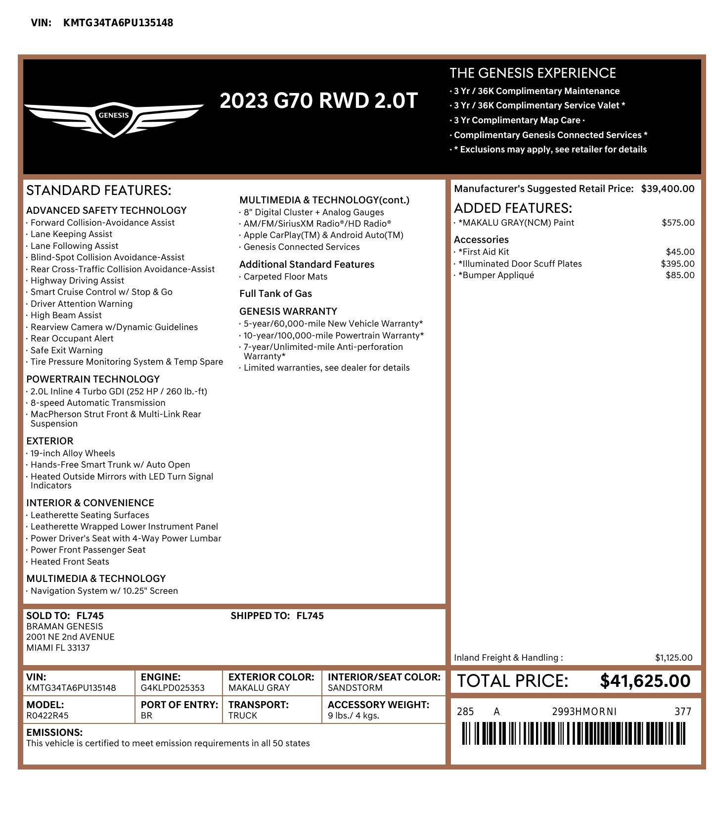 Original window sticker for 2023 GENESIS G70 2.0T