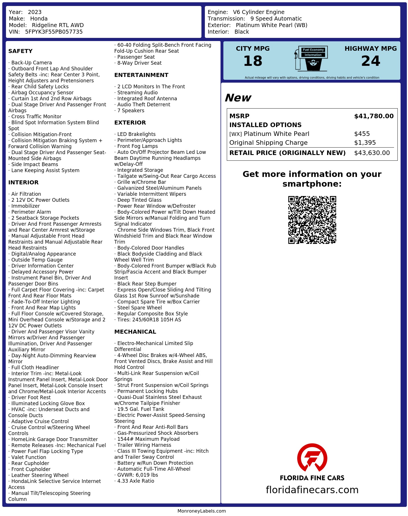 Original window sticker for 2023 HONDA RIDGELINE RTL