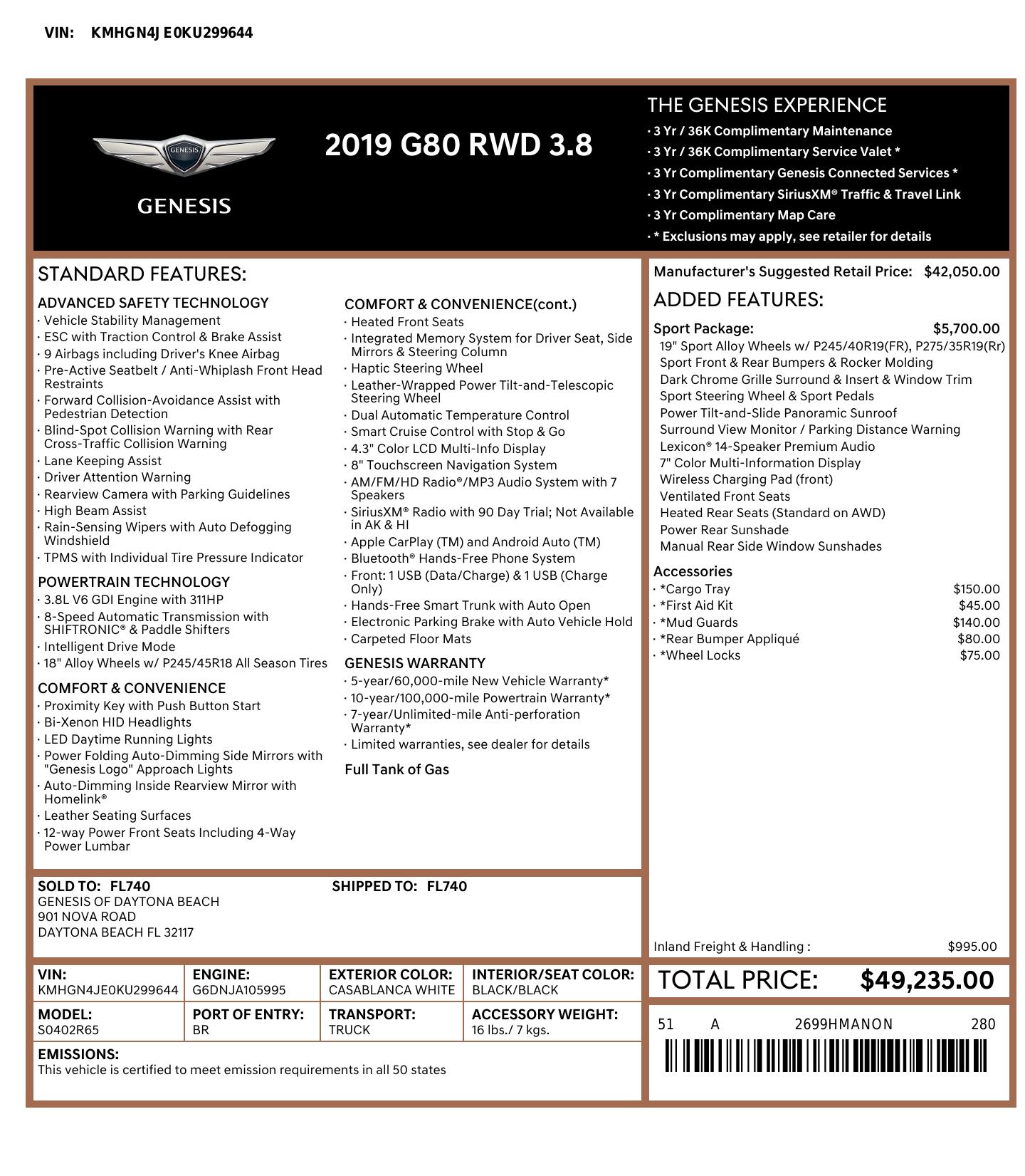 Original window sticker for 2019 GENESIS G80 3.8L SPORT