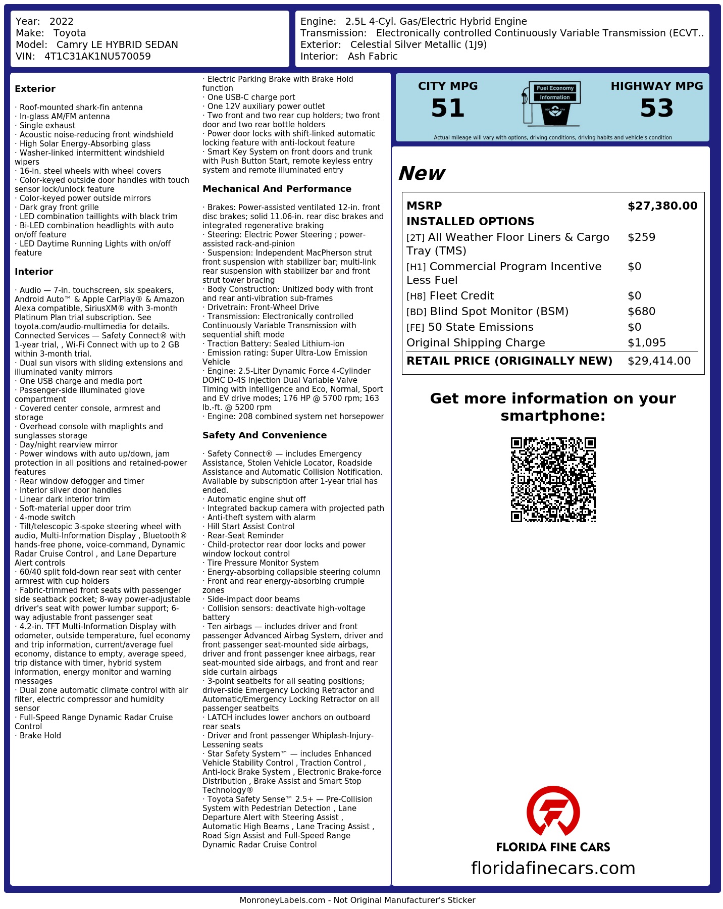 Original window sticker for 2022 TOYOTA CAMRY HYBRID LE