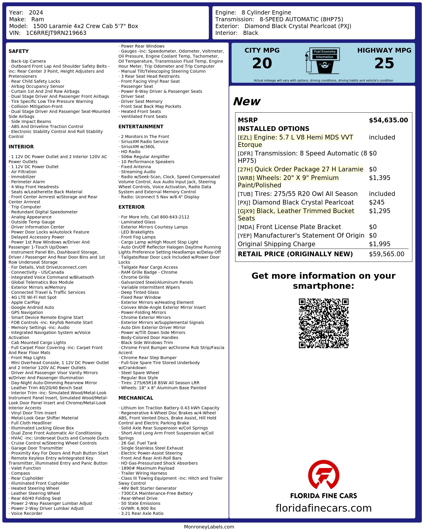 Original window sticker for 2024 RAM 1500 LARAMIE