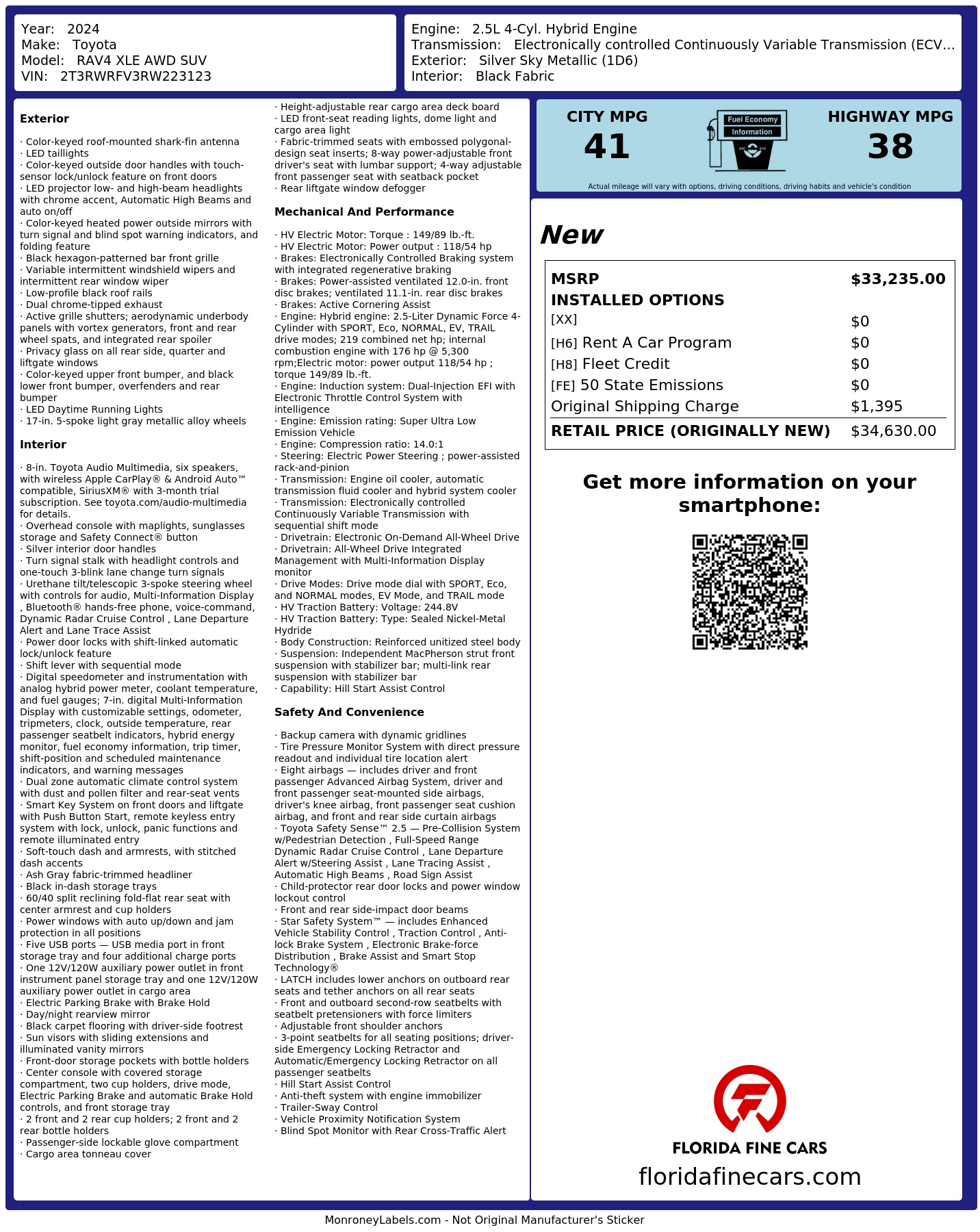 Original window sticker for 2024 TOYOTA RAV4 HYBRID XLE