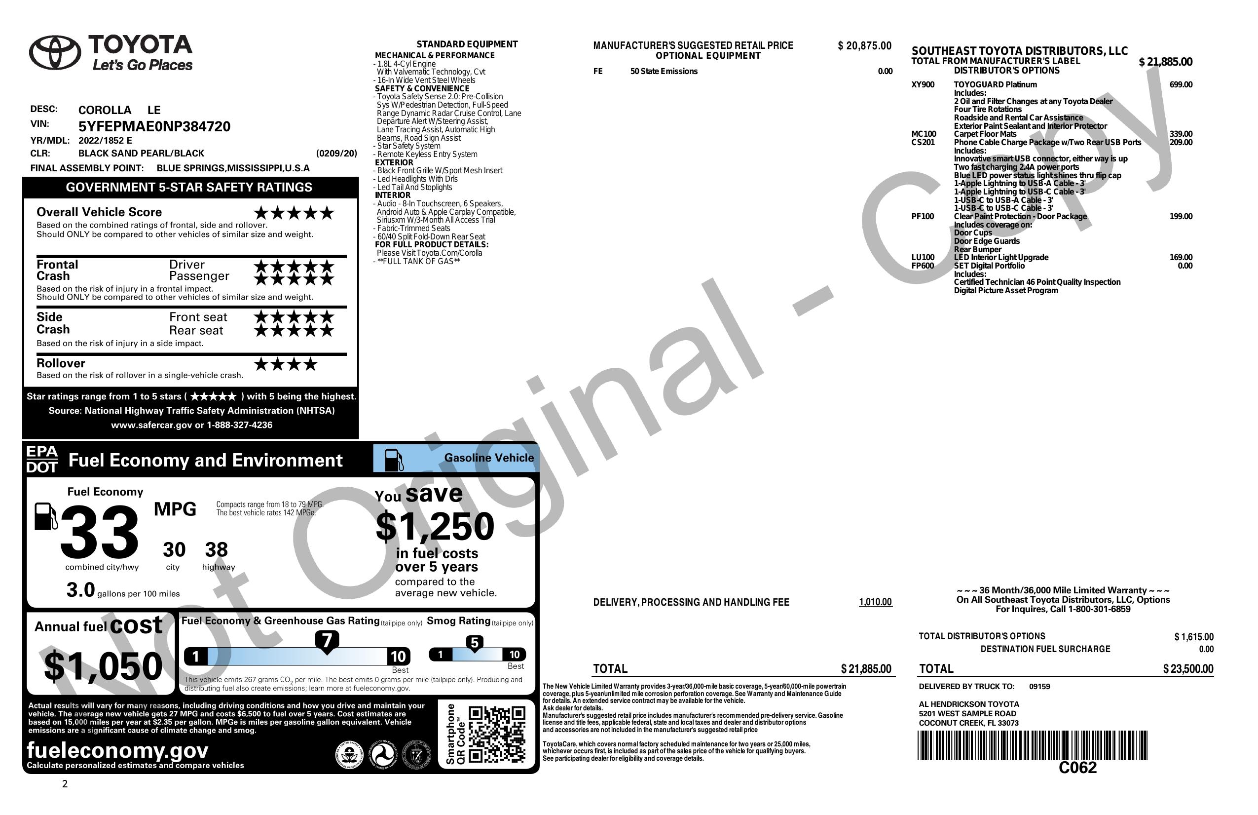 Original window sticker for 2022 TOYOTA COROLLA LE