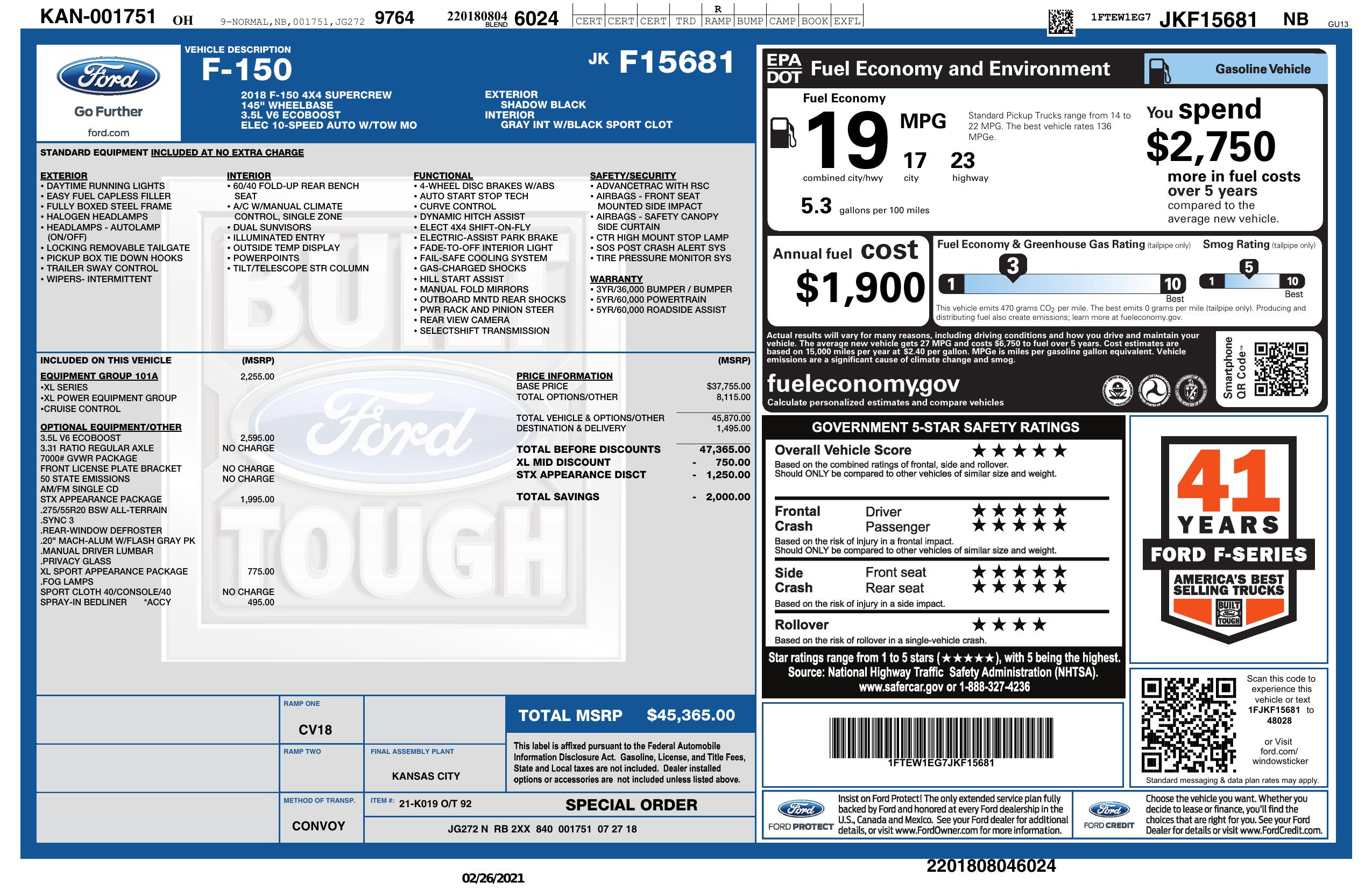 Original window sticker for 2018 FORD F-150 XL