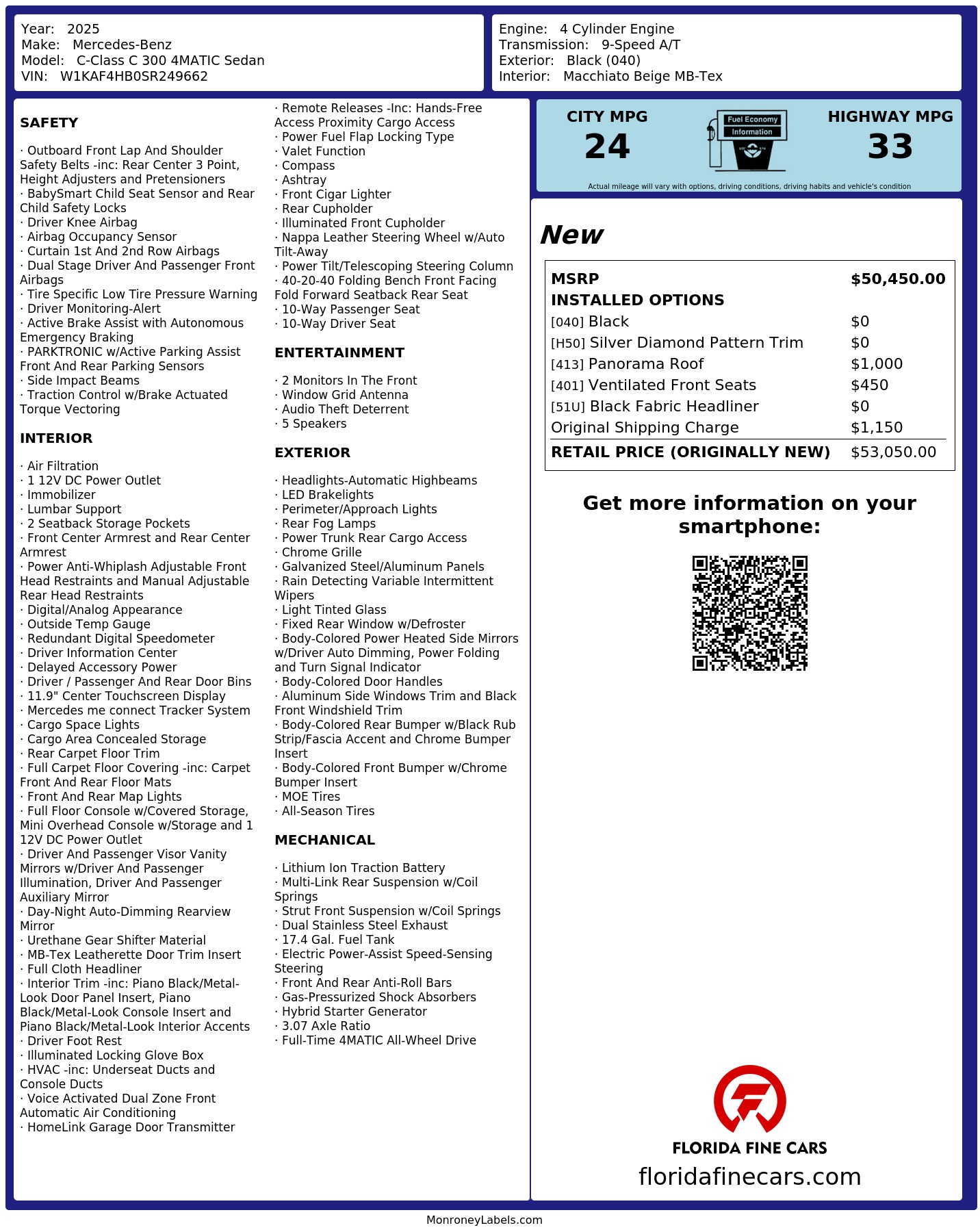 Original window sticker for 2025 MERCEDES-BENZ C-CLASS C 300