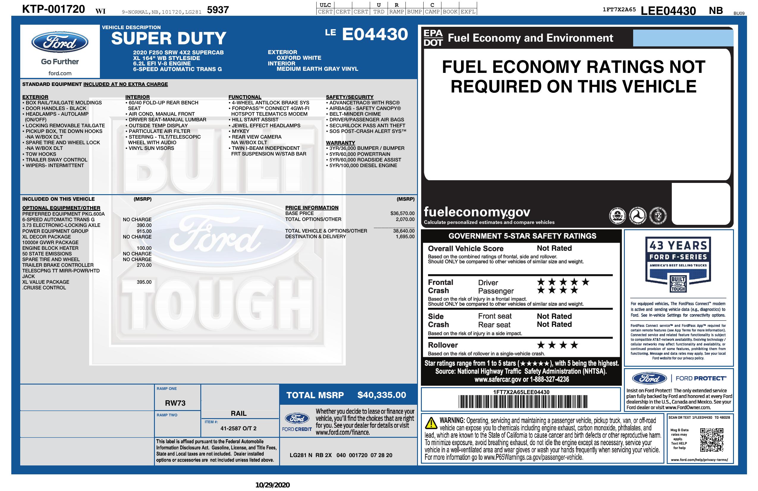Original window sticker for 2020 FORD SUPER DUTY F-250 SRW XL