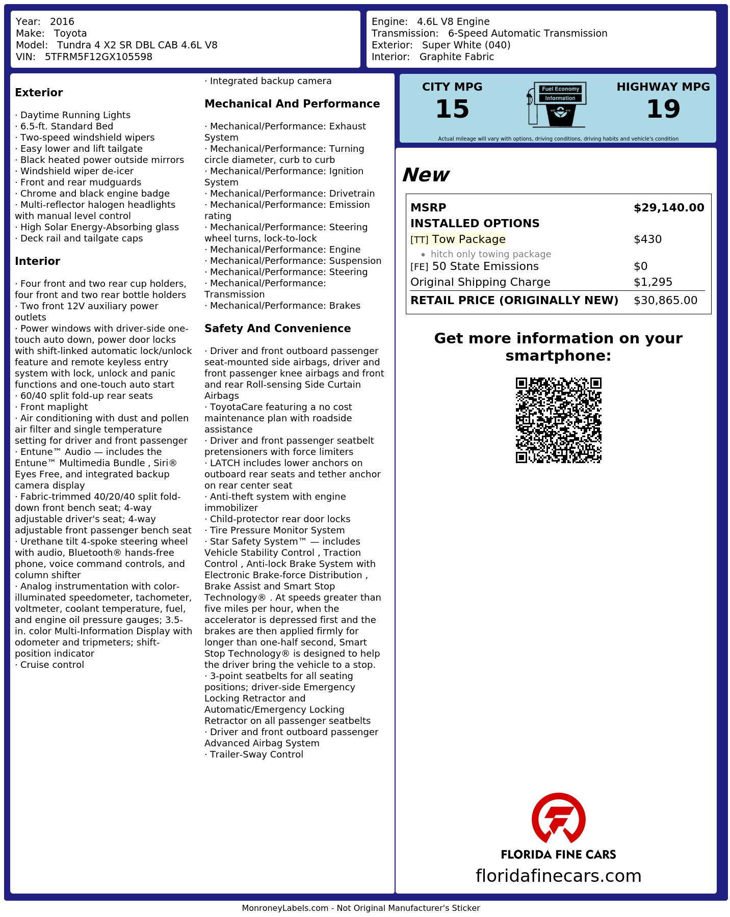 Original window sticker for 2016 TOYOTA TUNDRA 2WD SR