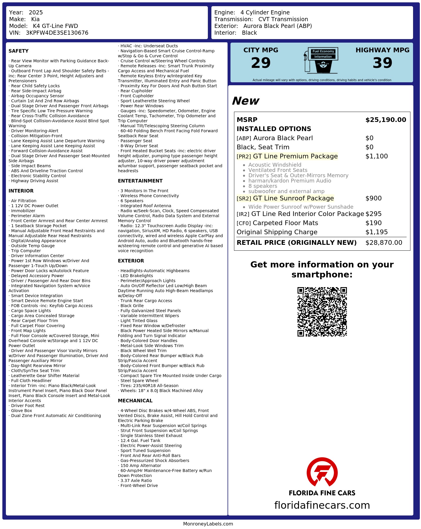 Original window sticker for 2025 KIA K4 GT-LINE