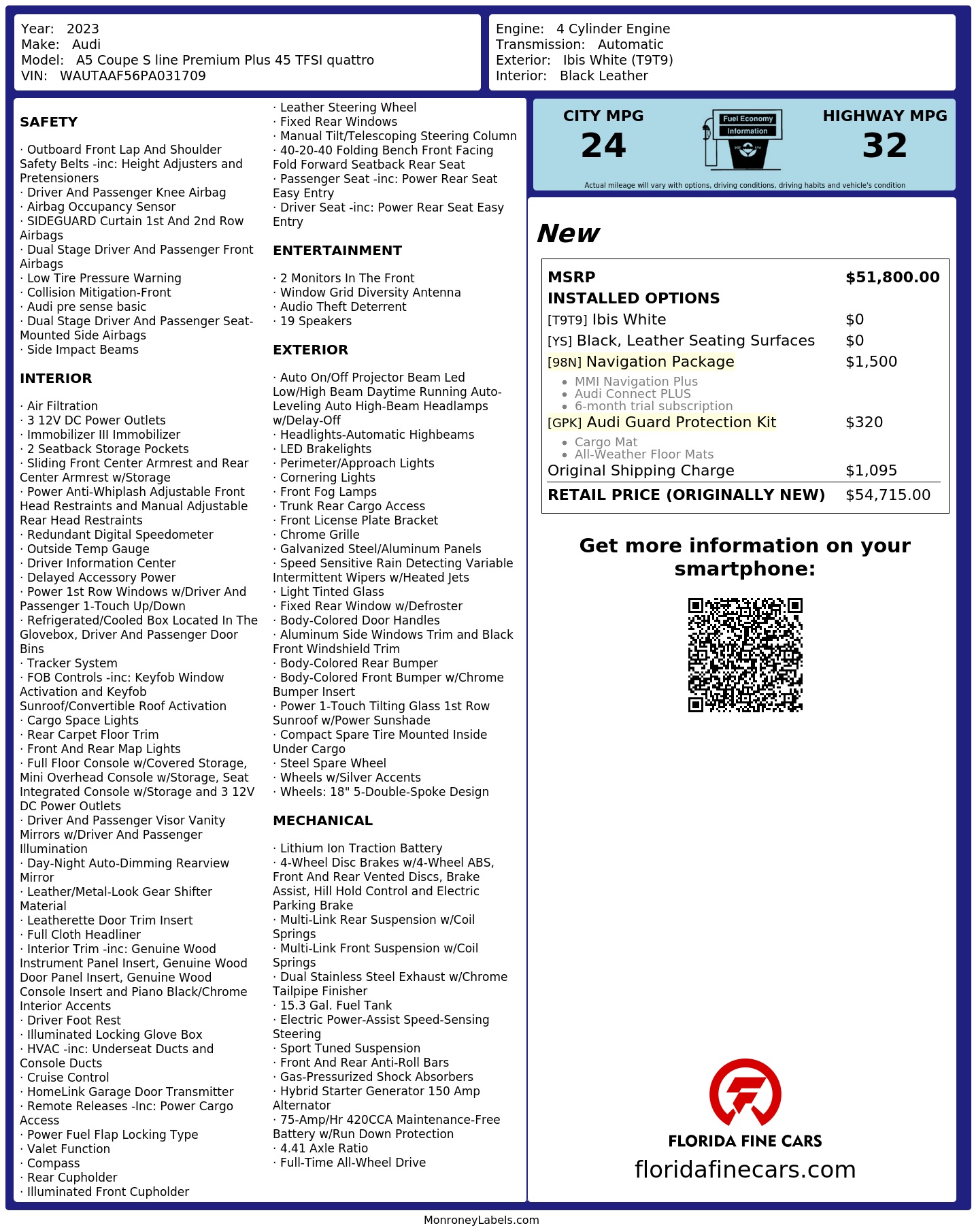 Original window sticker for 2023 AUDI A5 S LINE PREMIUM PLUS