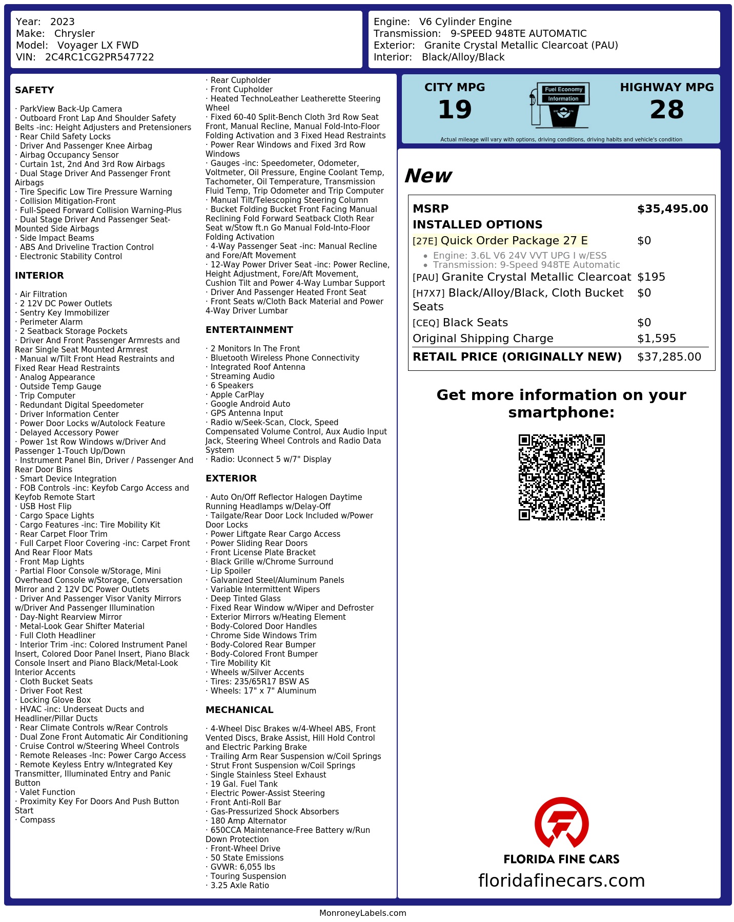 Original window sticker for 2023 CHRYSLER VOYAGER LX