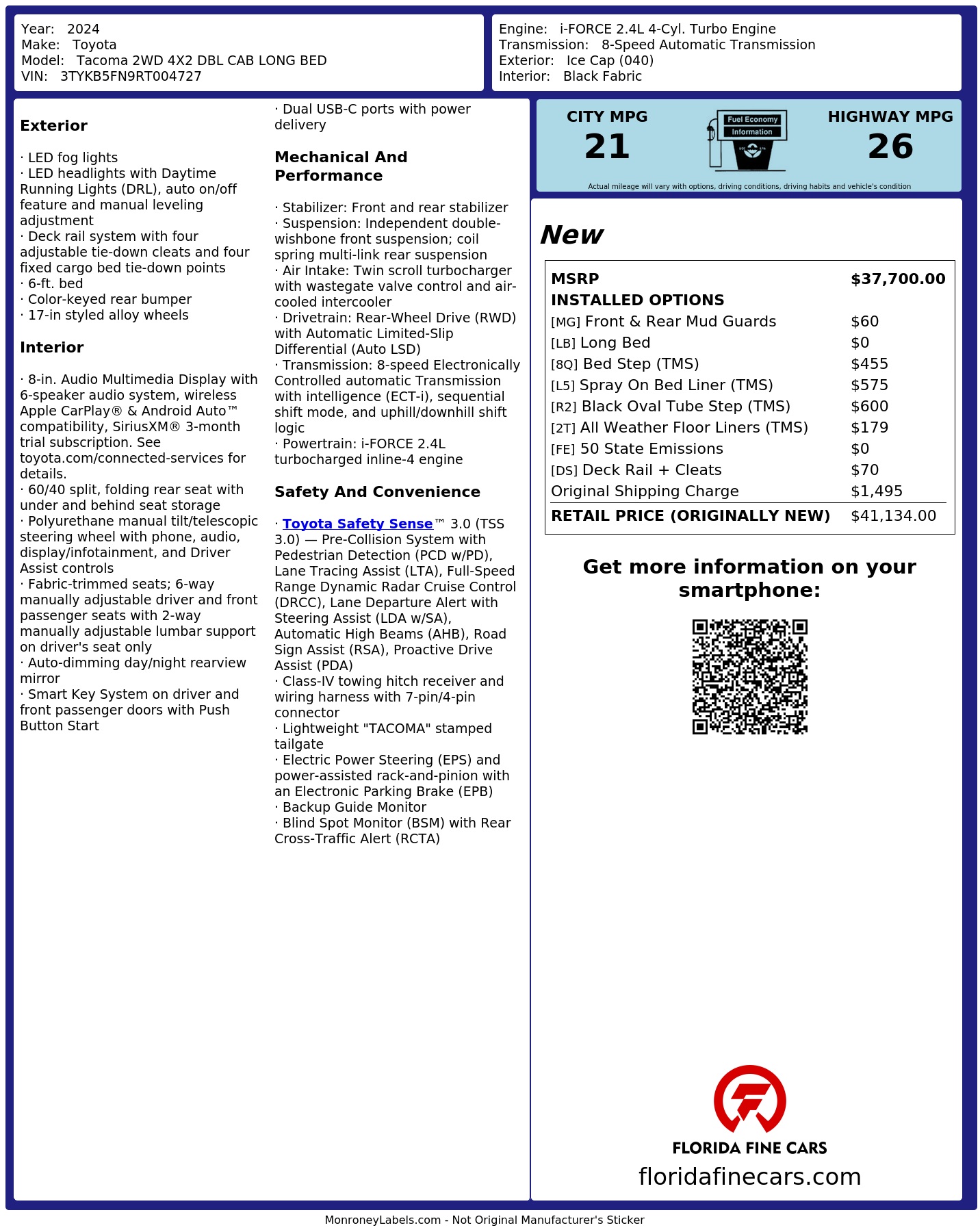 Original window sticker for 2024 TOYOTA TACOMA 2WD SR5