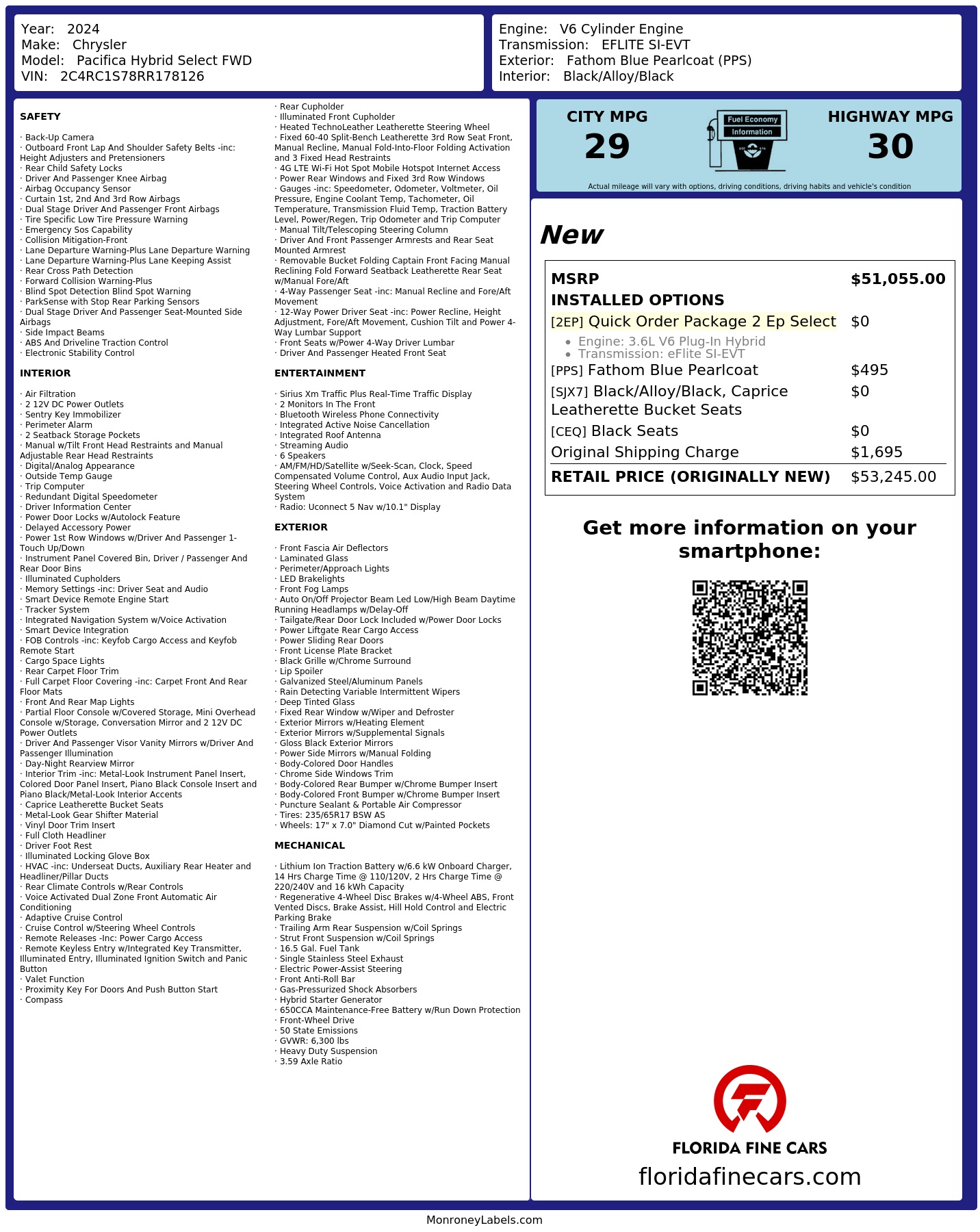 Original window sticker for 2024 CHRYSLER PACIFICA HYBRID SELECT