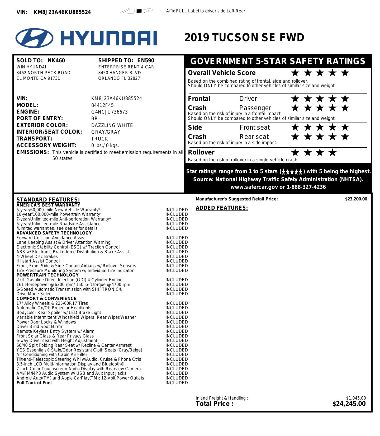 Window sticker for 2019 hyundai tucson se fwd