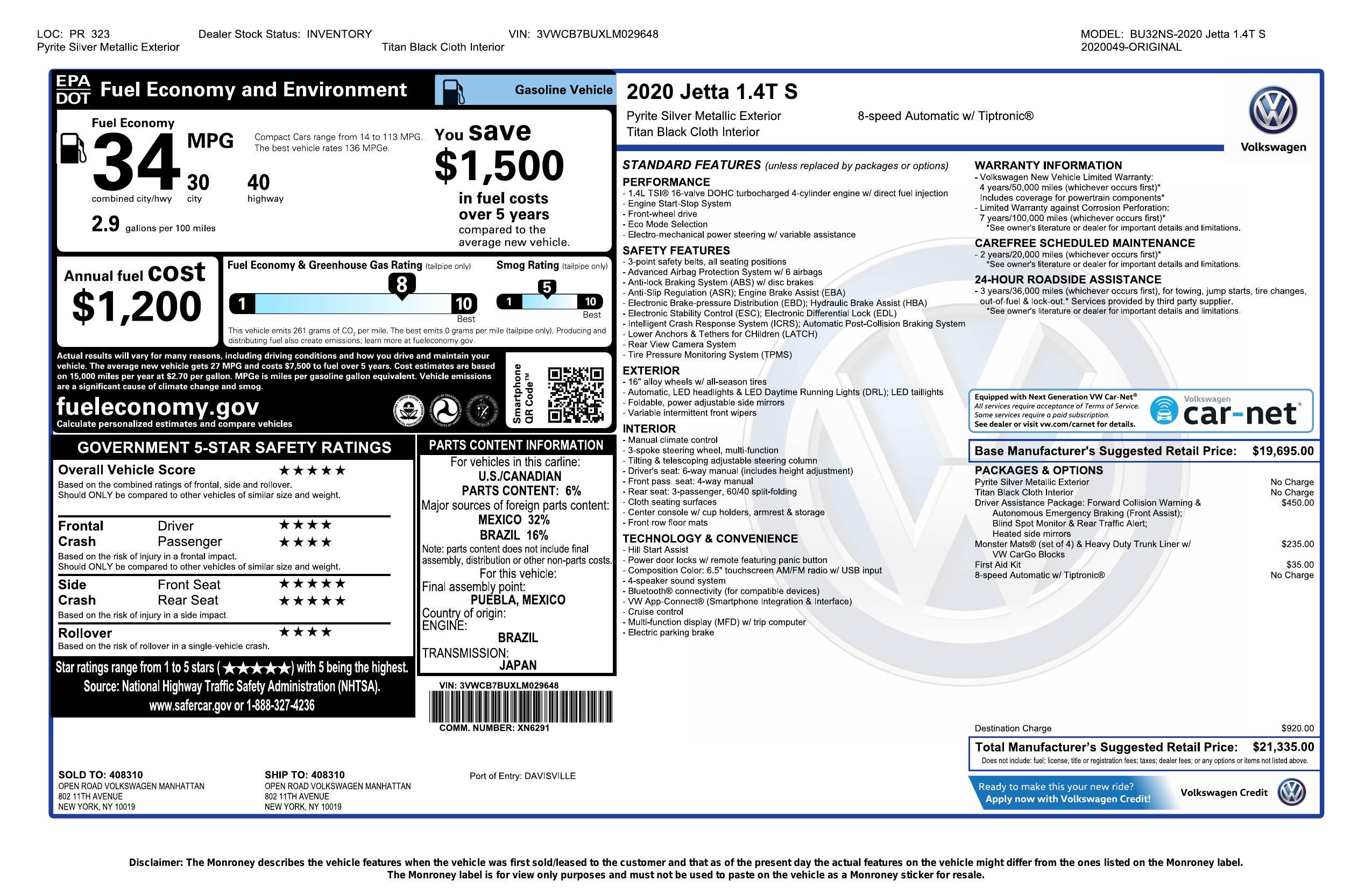 Window Sticker For 2020 Volkswagen Jetta 