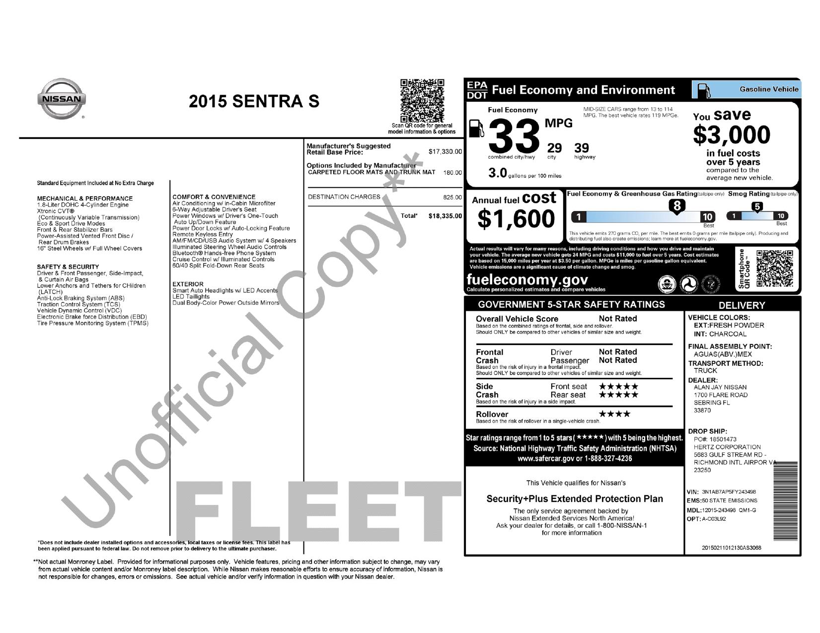 Window Sticker For 2015 Nissan Sentra