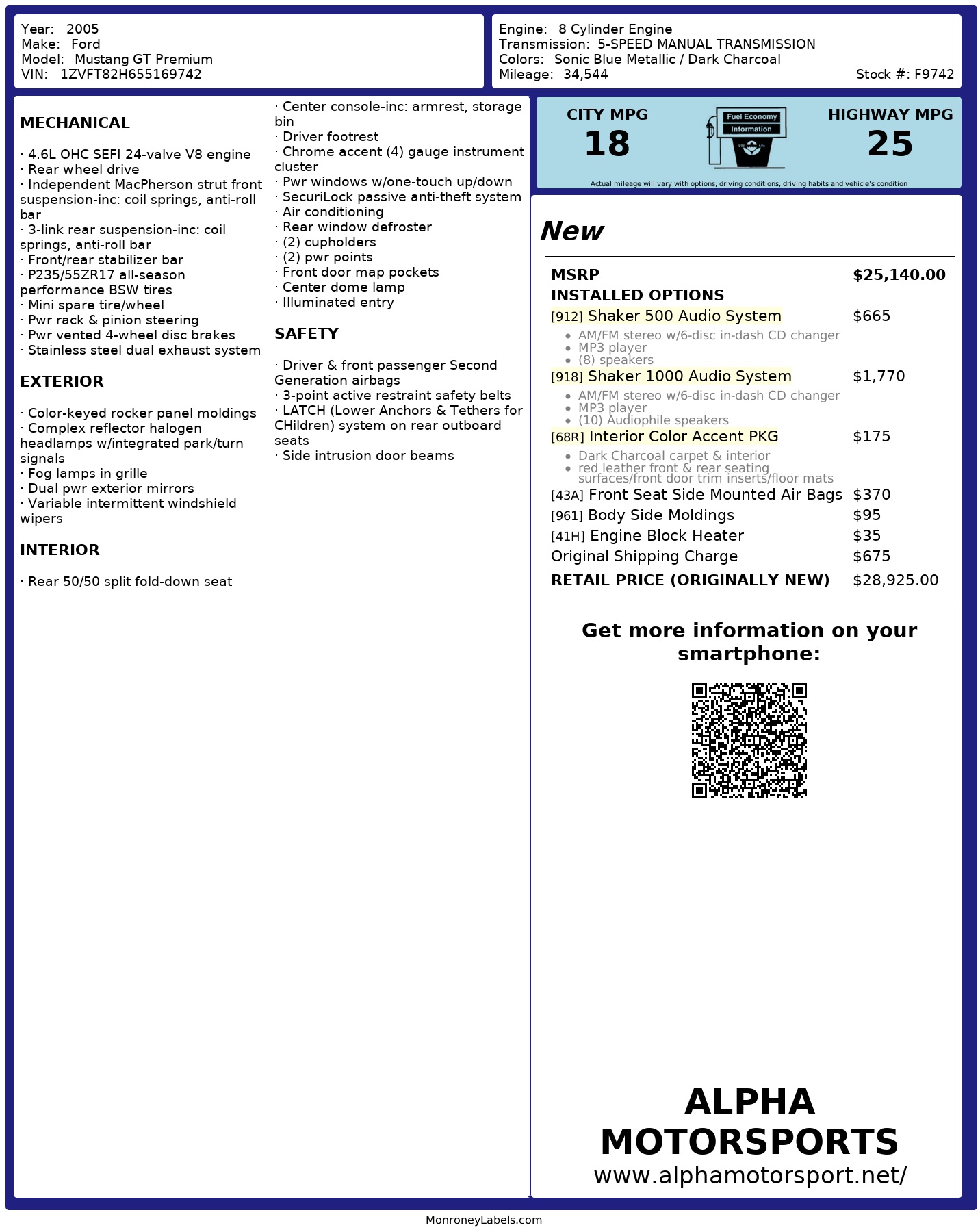 Window Sticker for 2005 Ford Mustang Gt Premium