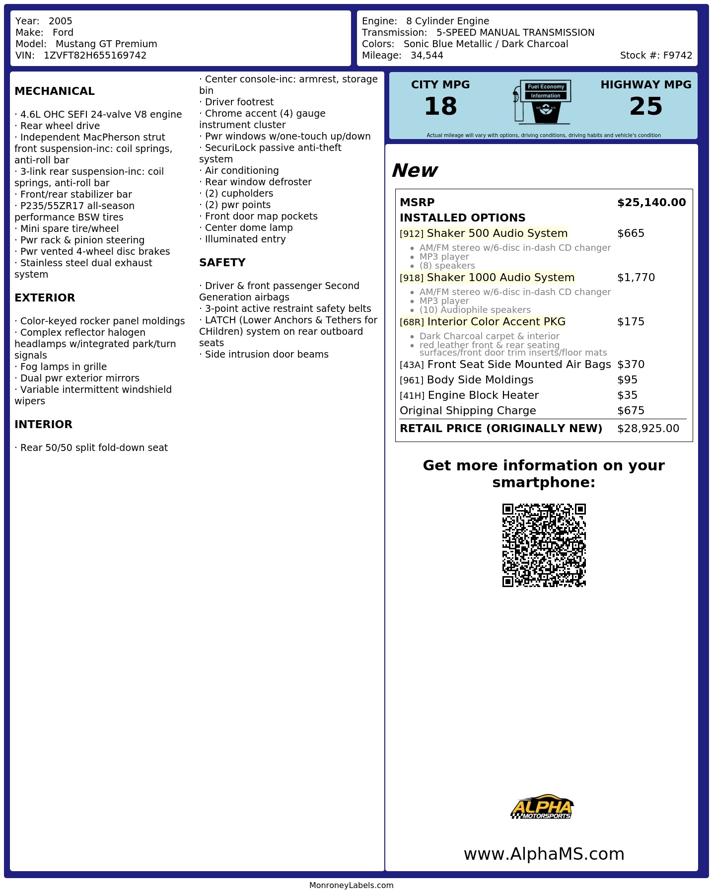 Window Sticker for 2005 Ford Mustang Gt Premium