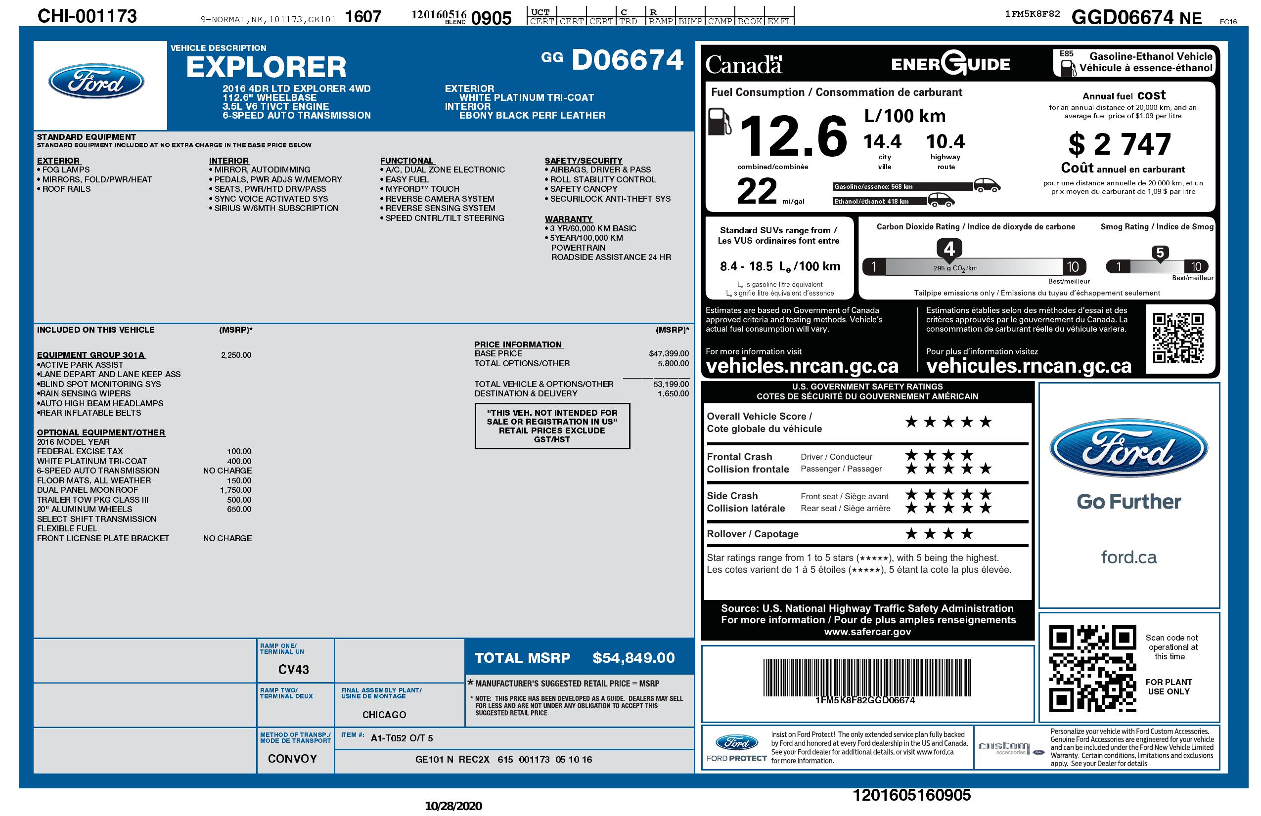 Window Sticker for 2016 Ford Explorer 4 Wd 4dr Limited